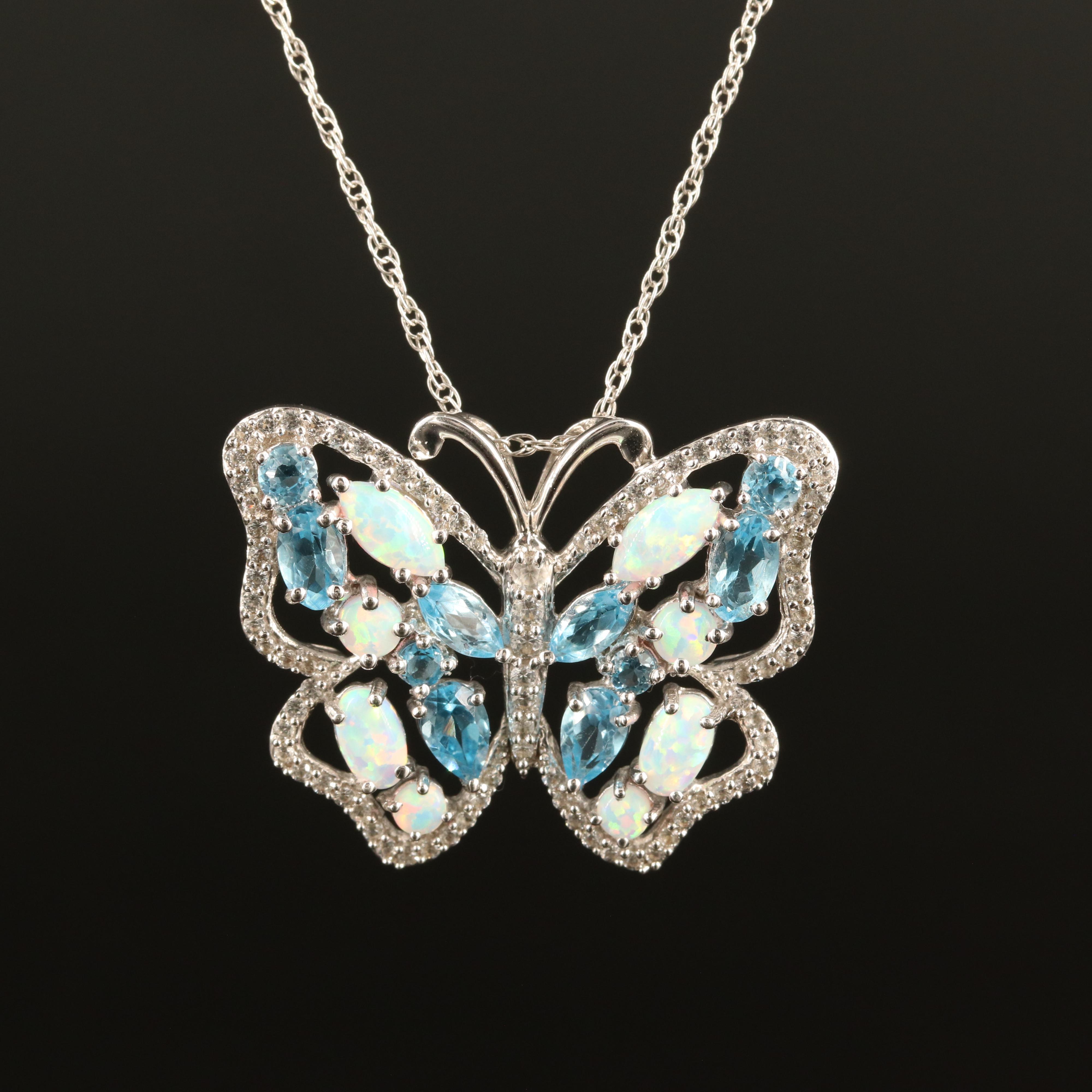 Sterling Opal, Topaz and Sapphire Butterfly Pendant Necklace