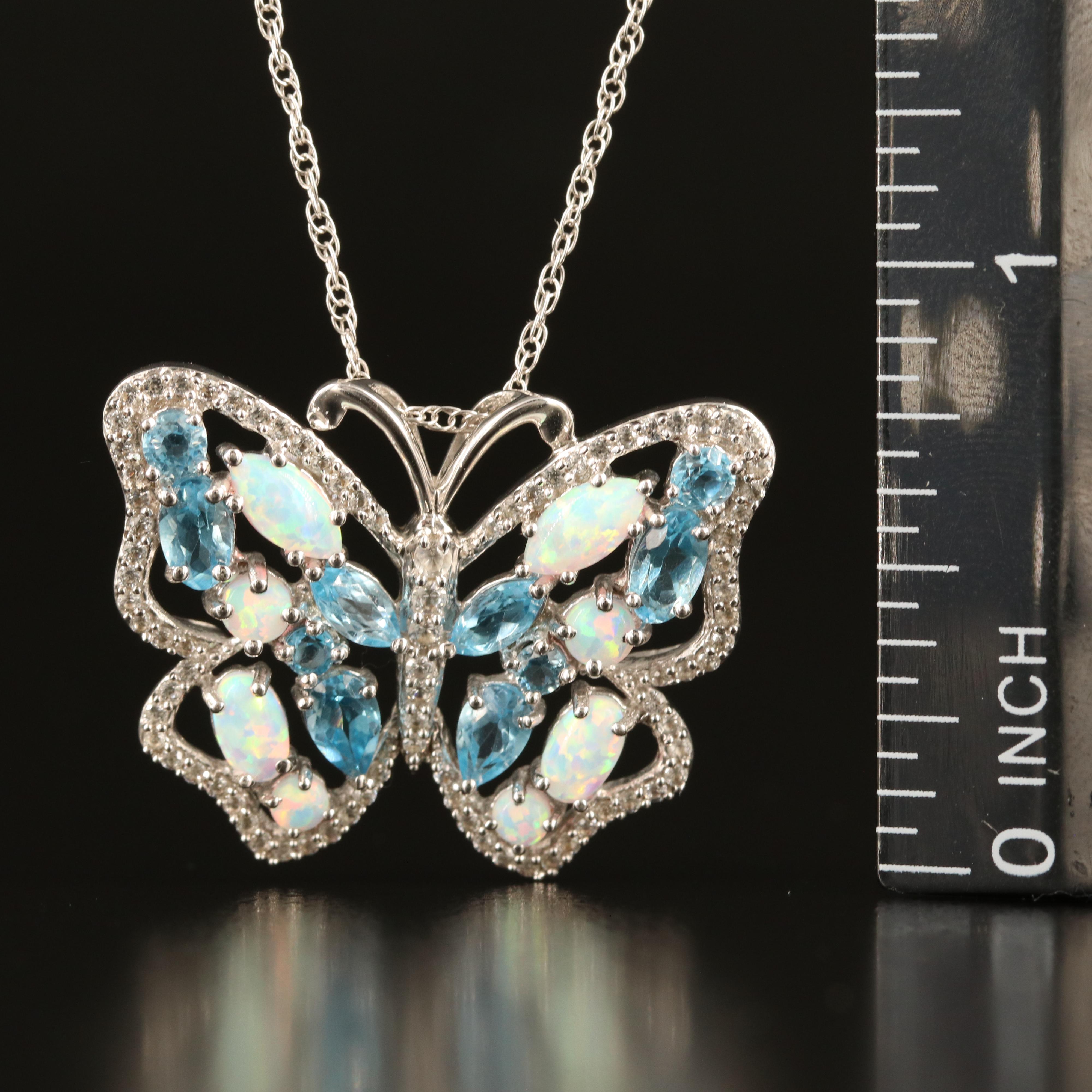 Sterling Opal, Topaz and Sapphire Butterfly Pendant Necklace