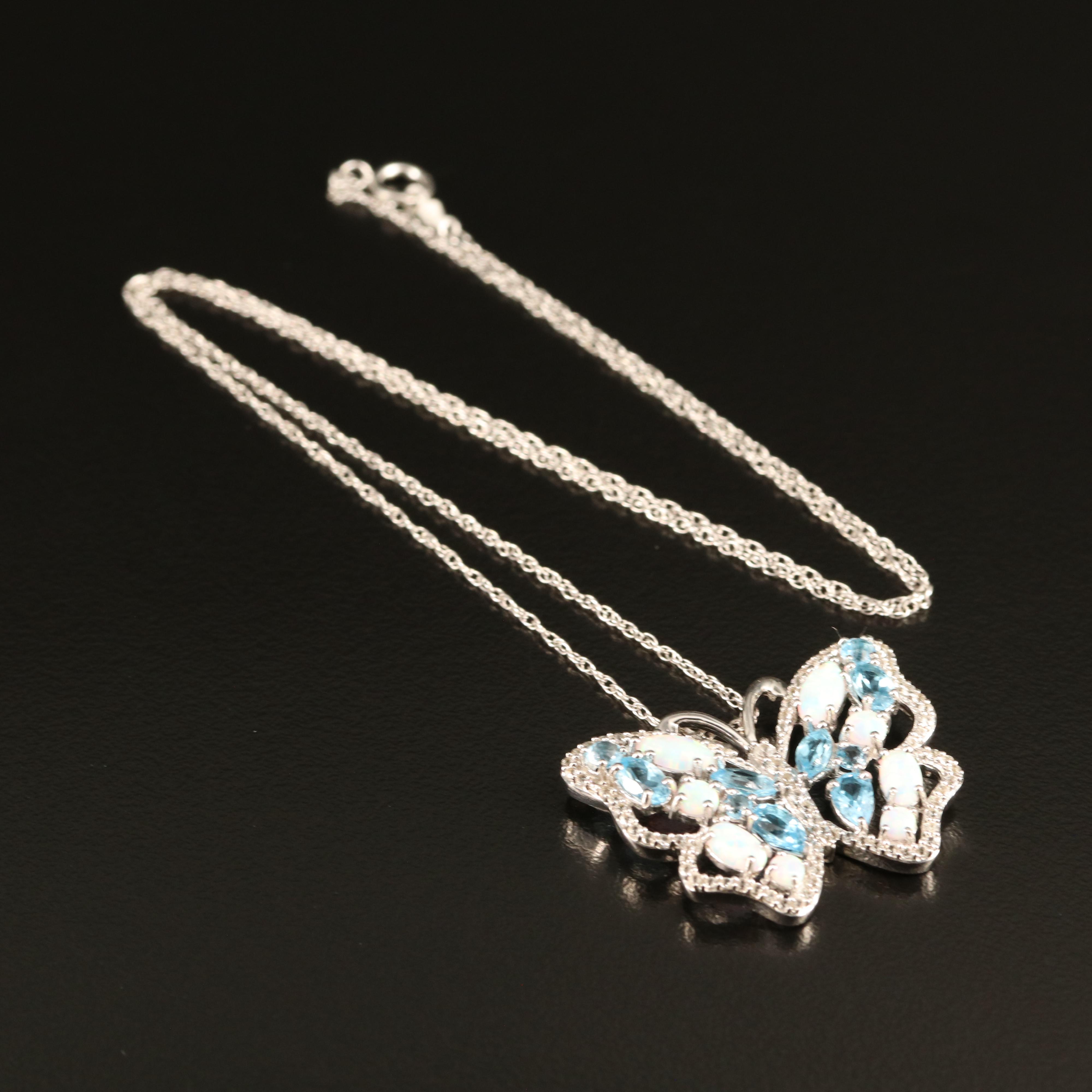 Sterling Opal, Topaz and Sapphire Butterfly Pendant Necklace