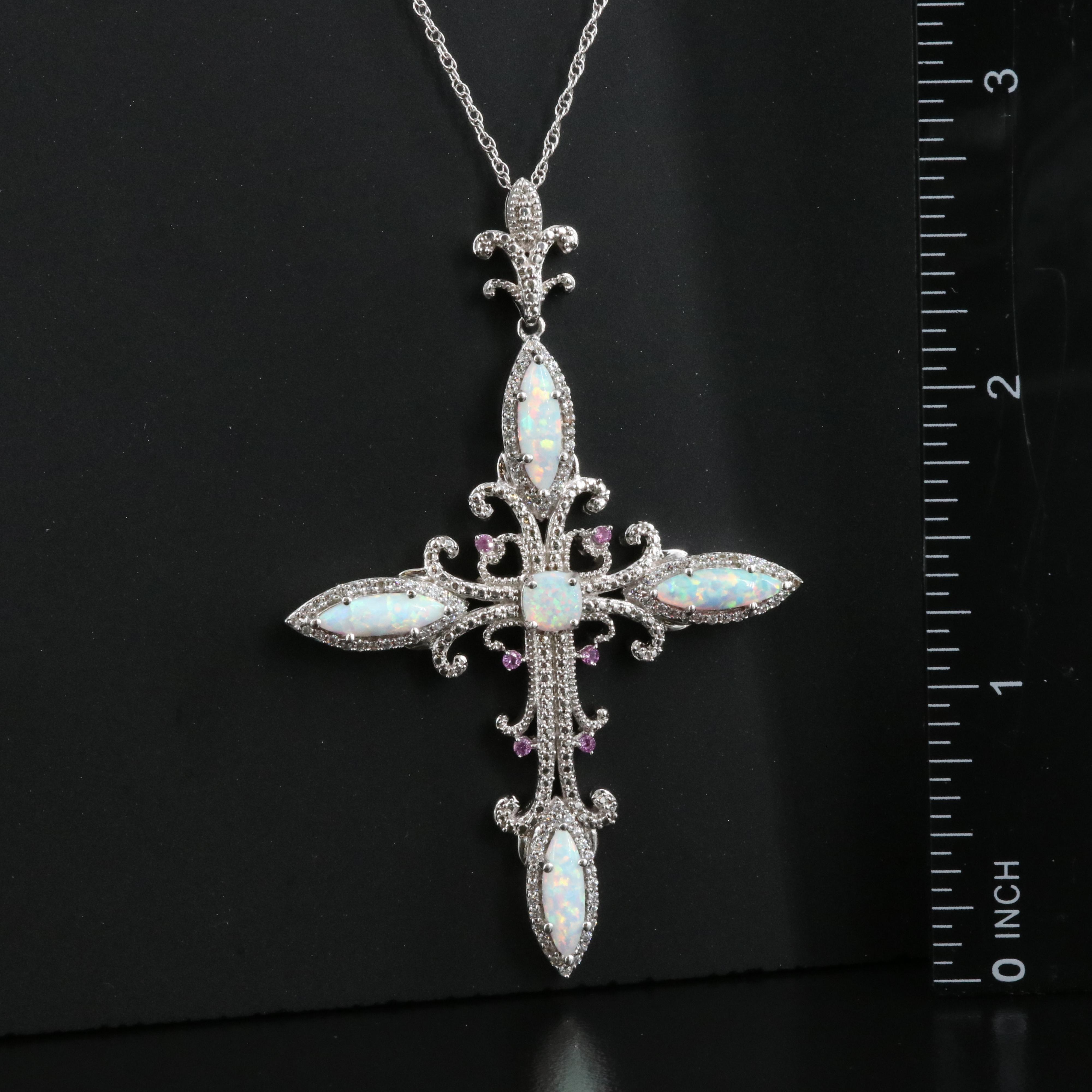 Sterling Opal, Opal Doublet, Sapphire and Cubic Zirconia Pendant Necklace