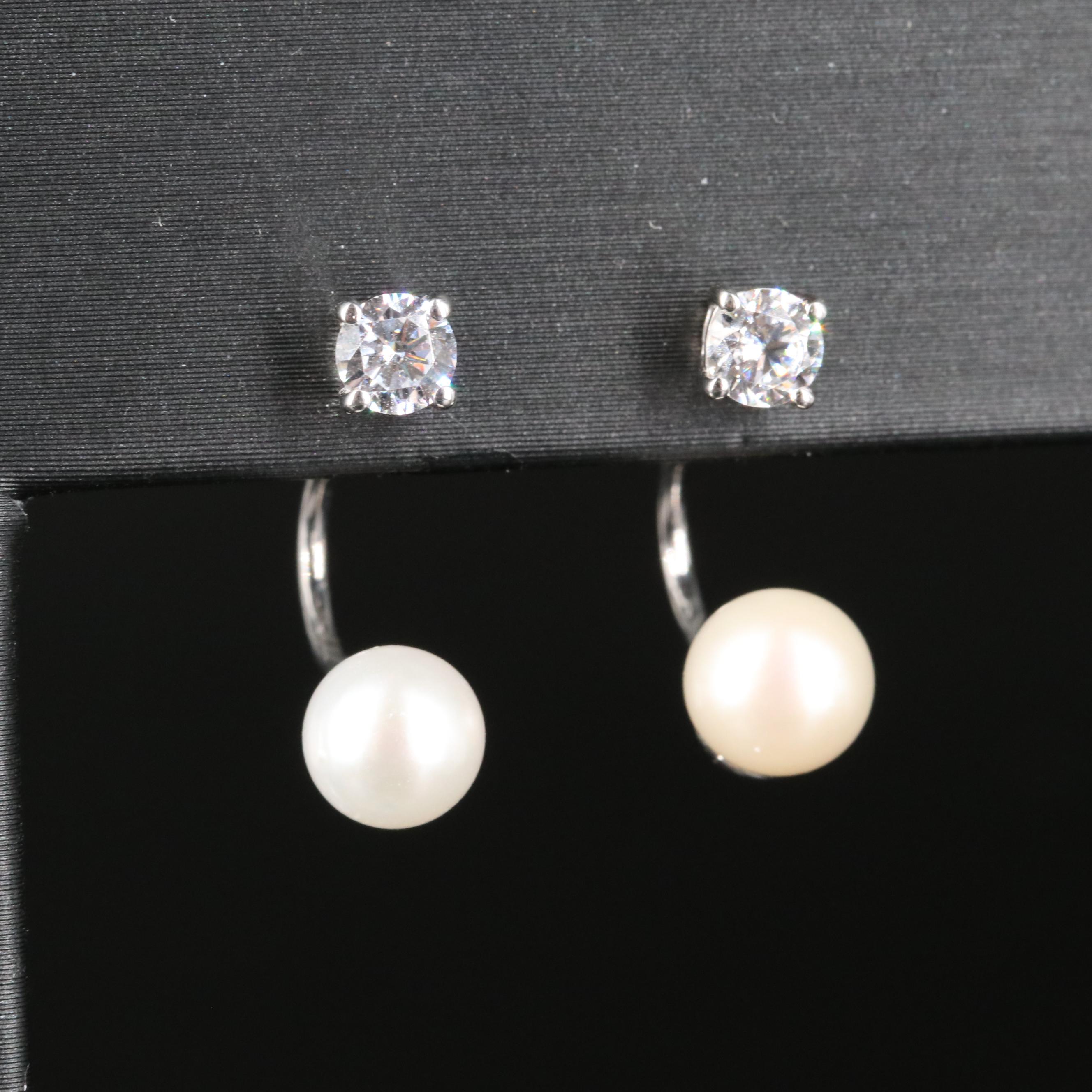 Sterling Cubic Zirconia Stud Earrings with Pearl Enhancers