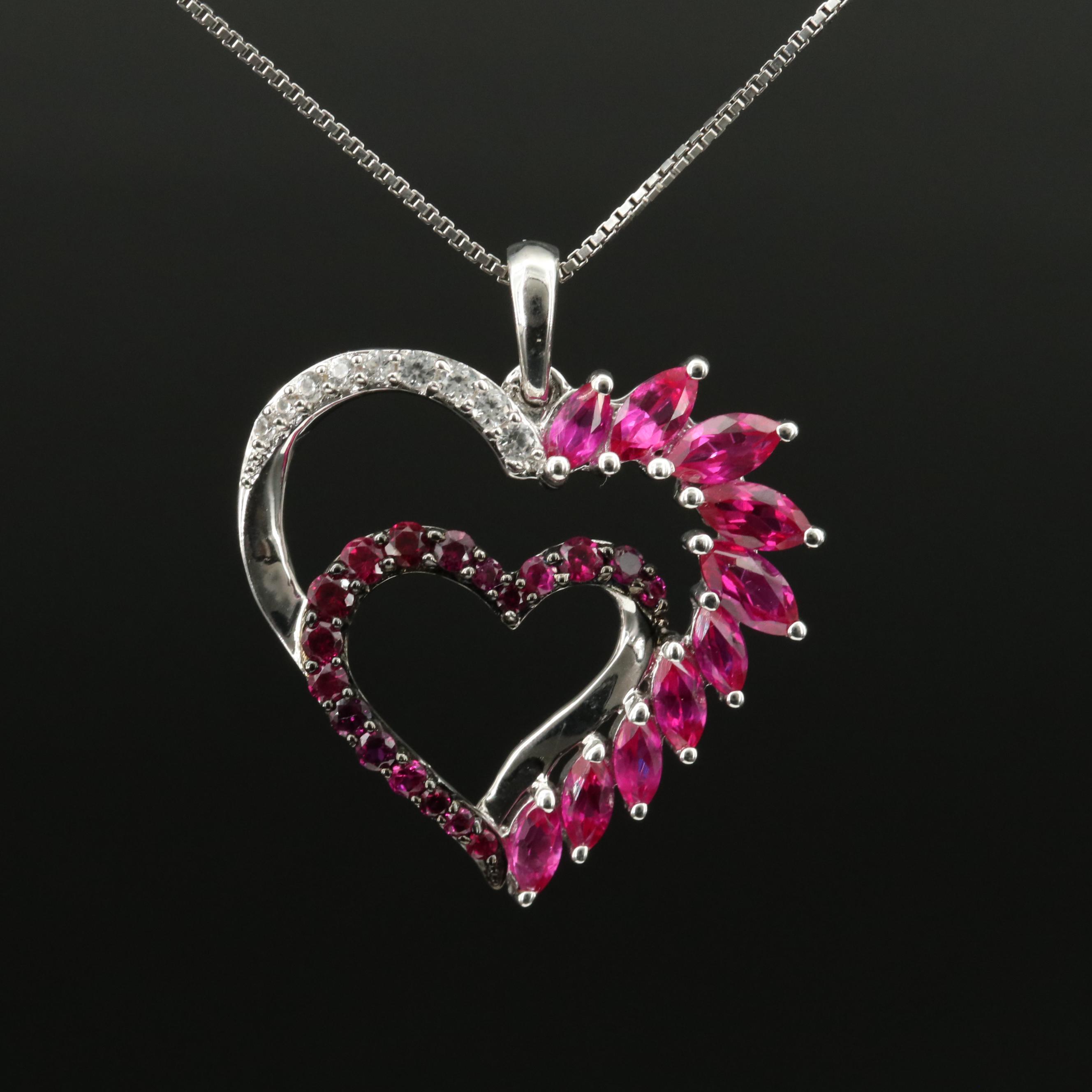 Sterling Ruby and Sapphire Double Heart Pendant Necklace