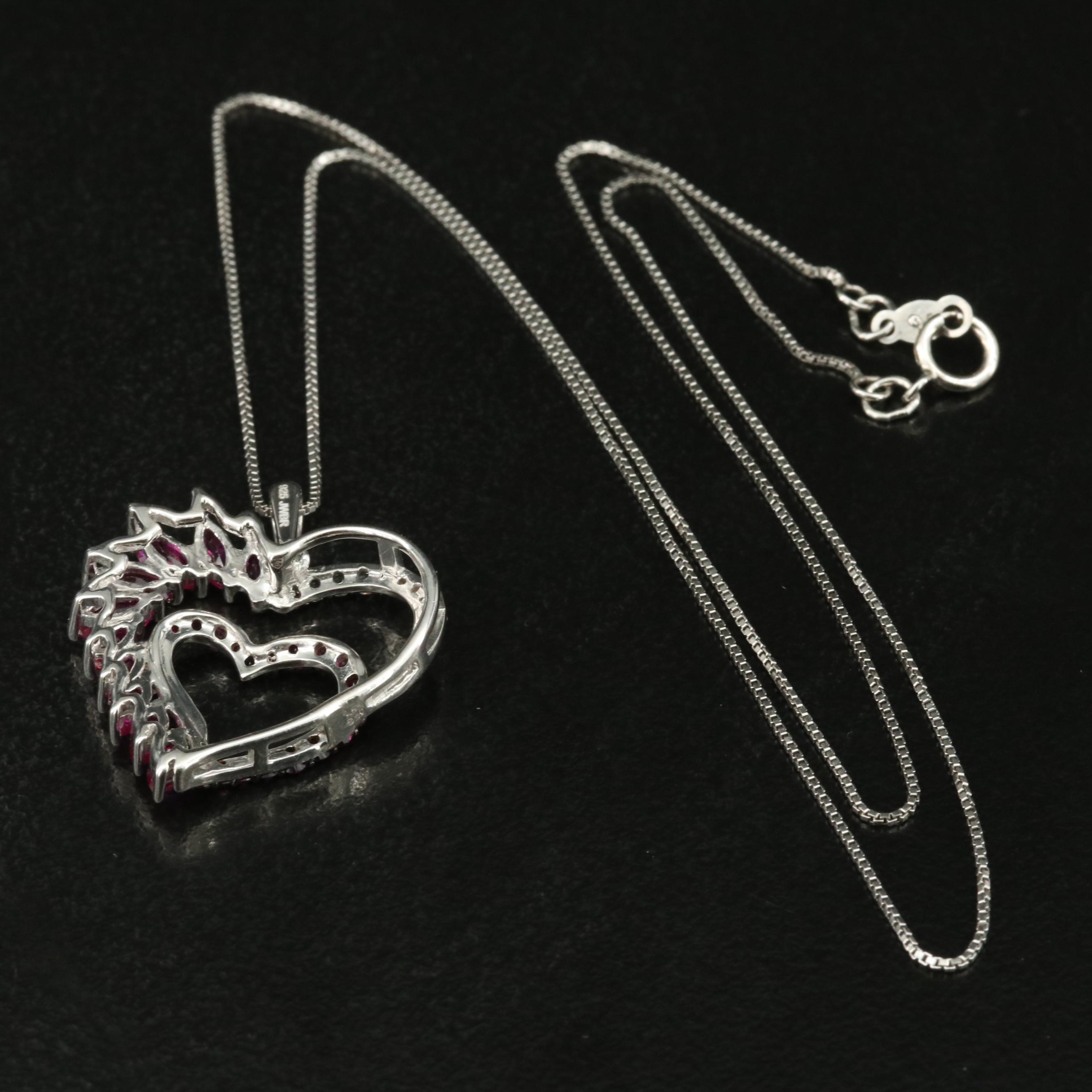 Sterling Ruby and Sapphire Double Heart Pendant Necklace