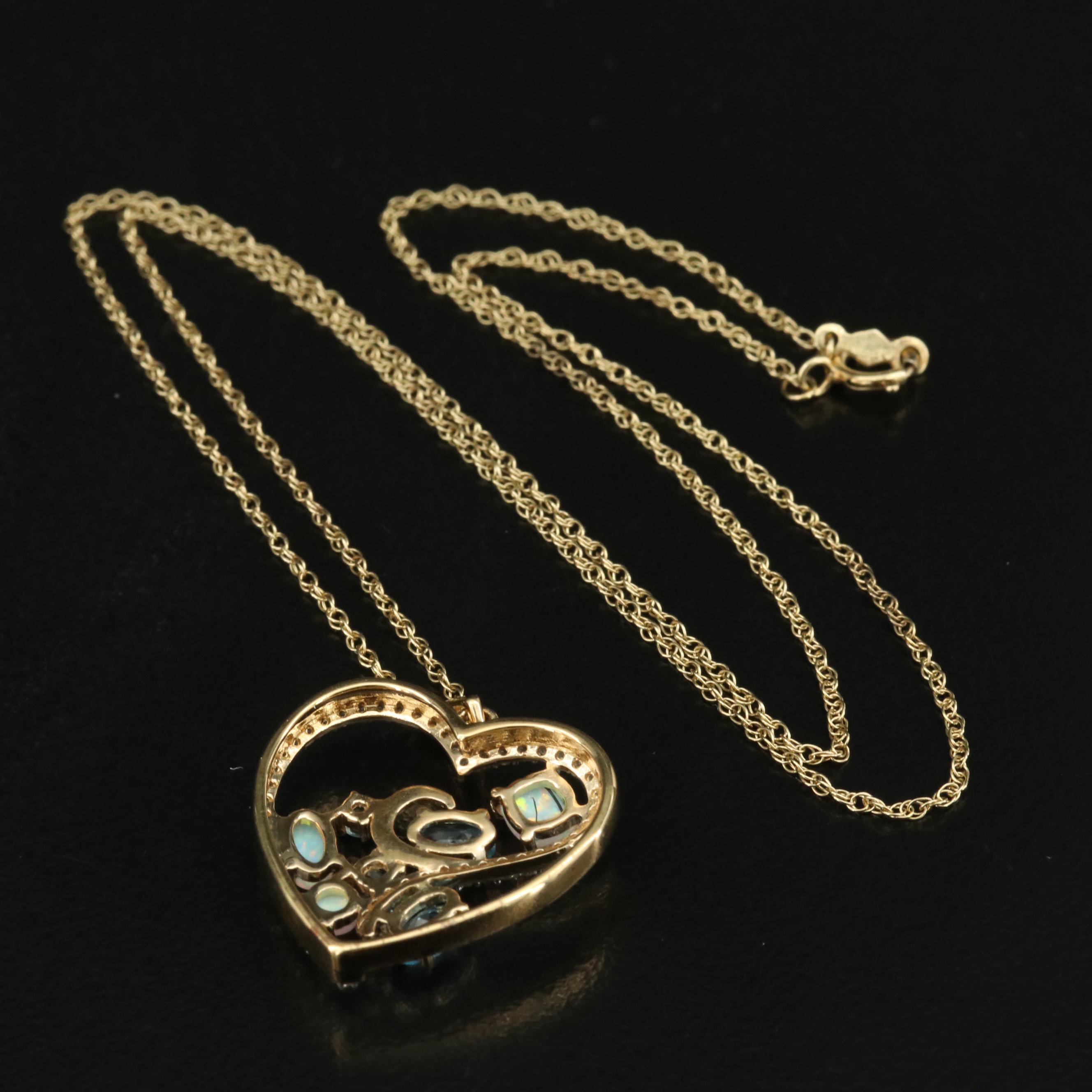 Sterling Opal, Topaz and Sapphire Heart Pendant Necklace