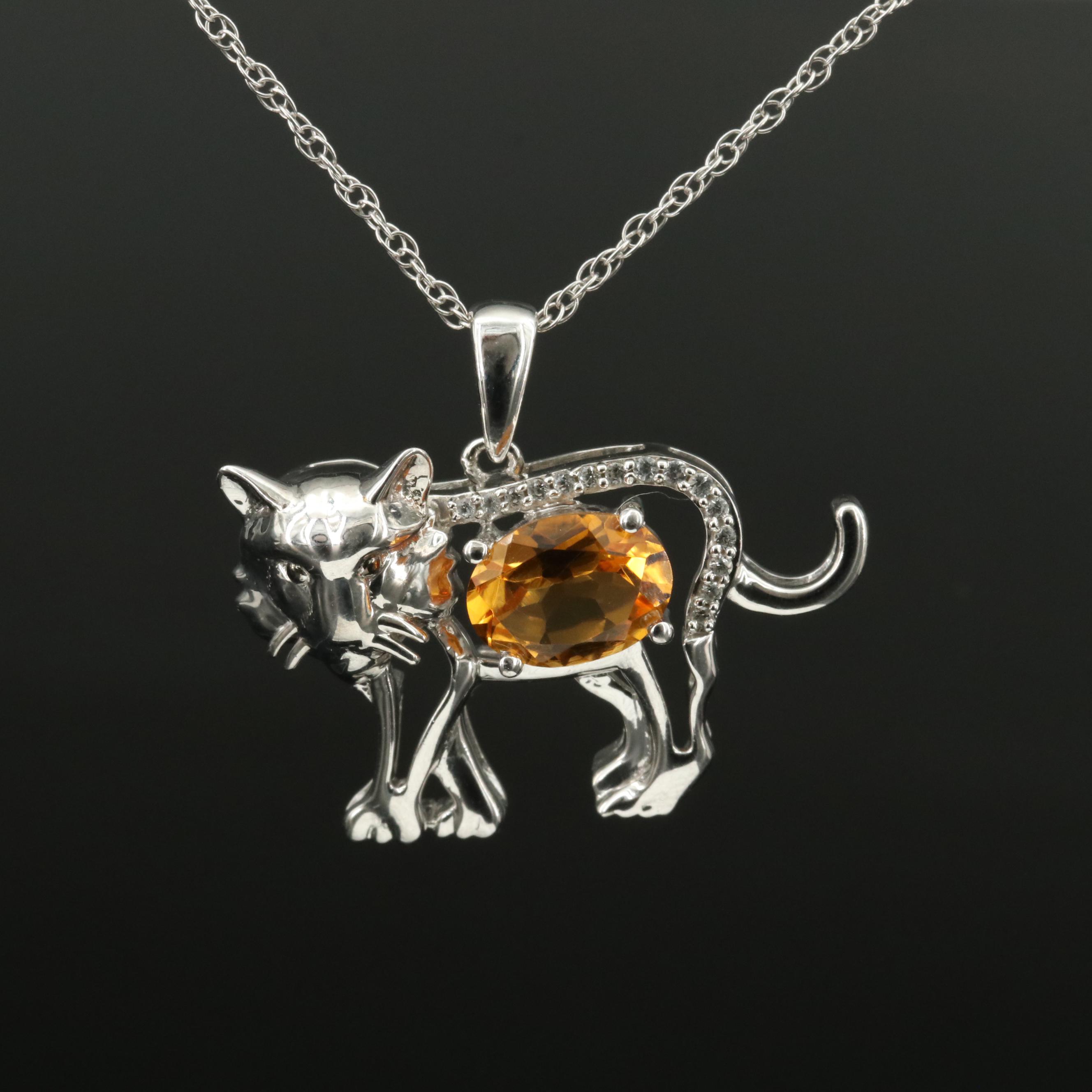 Sterling Citrine and Sapphire Tiger Pendant Necklace