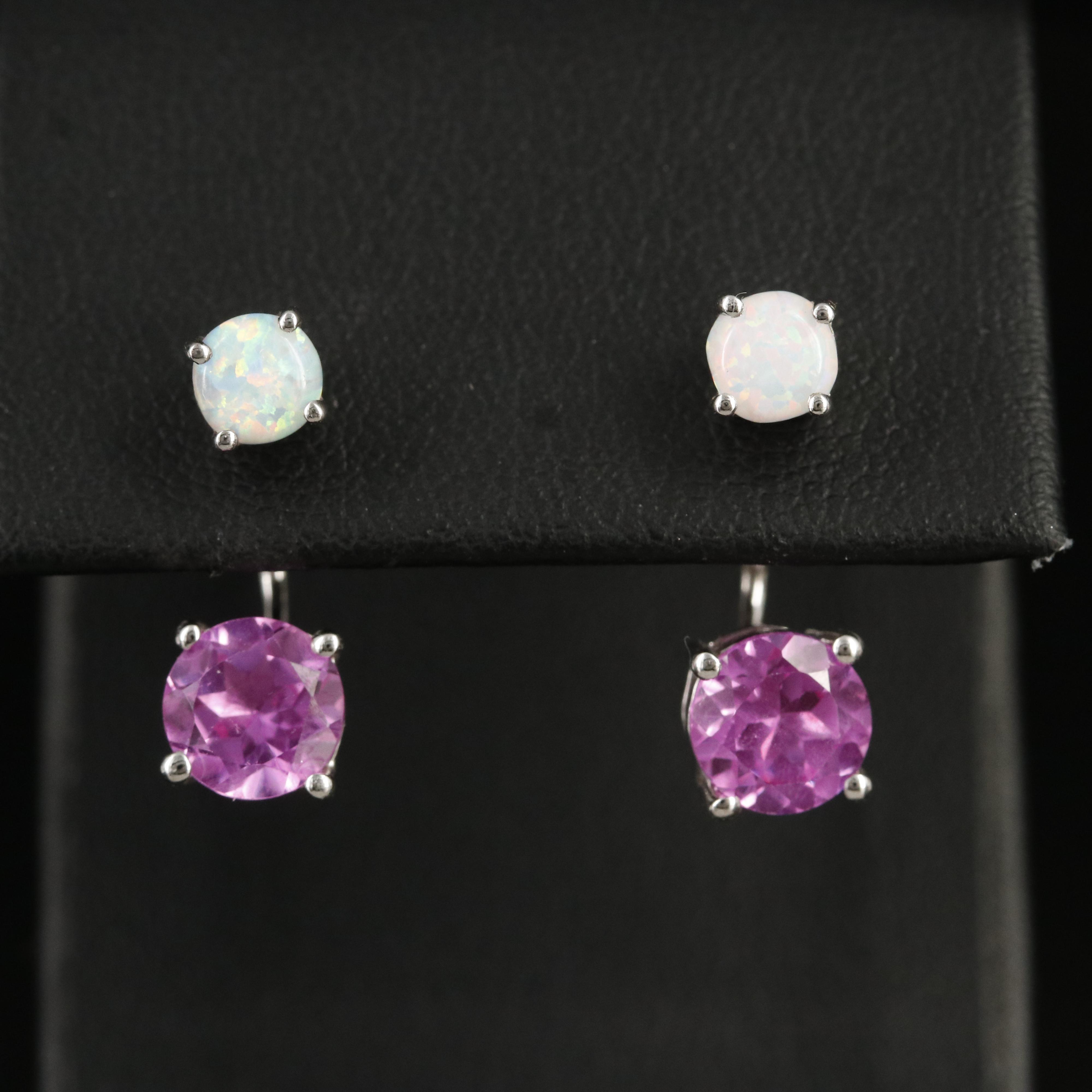 Opal Stud Earrings with Sterling Pink Sapphire Enhancers