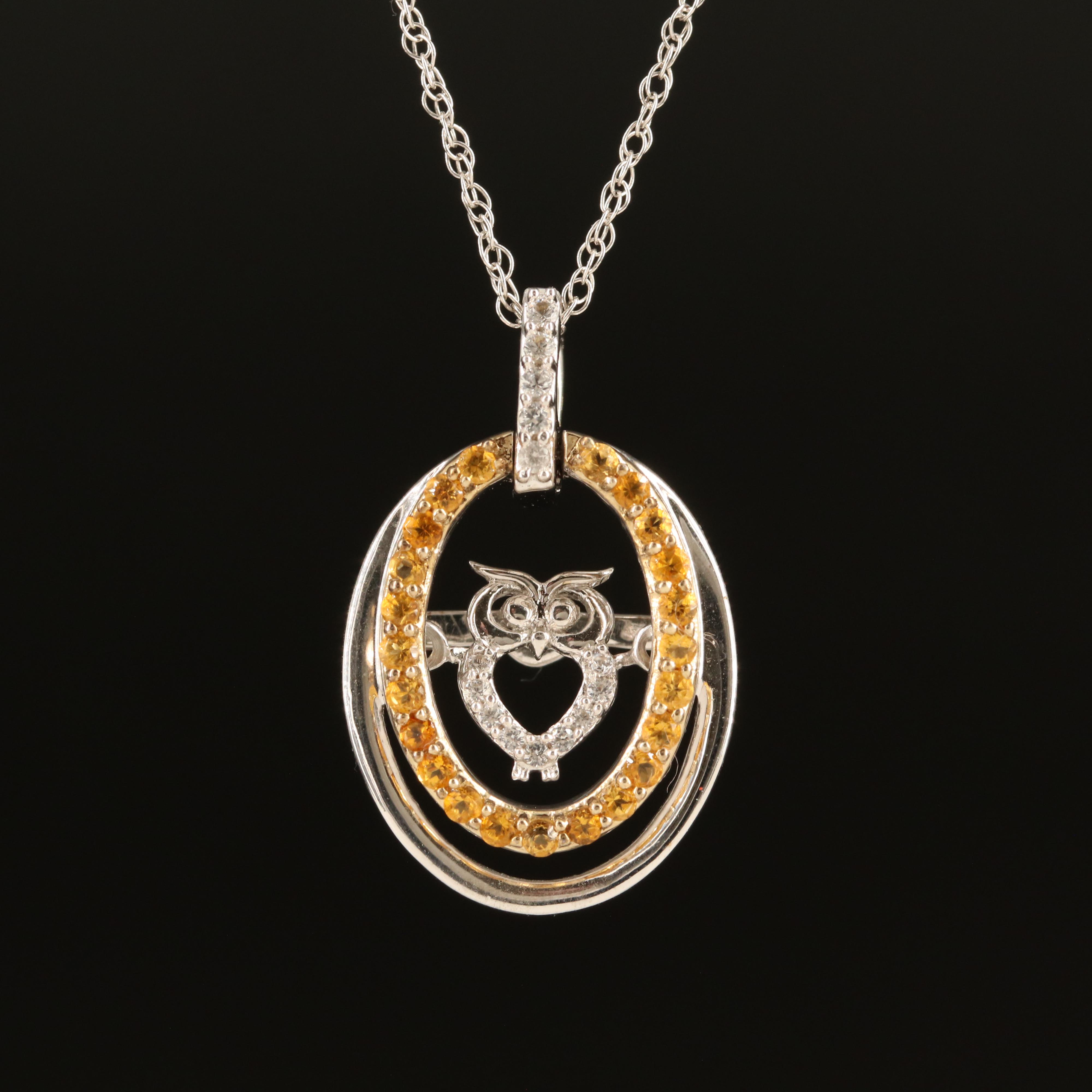 Sterling Citrine and Sapphire Owl Shimmer Pendant Necklace