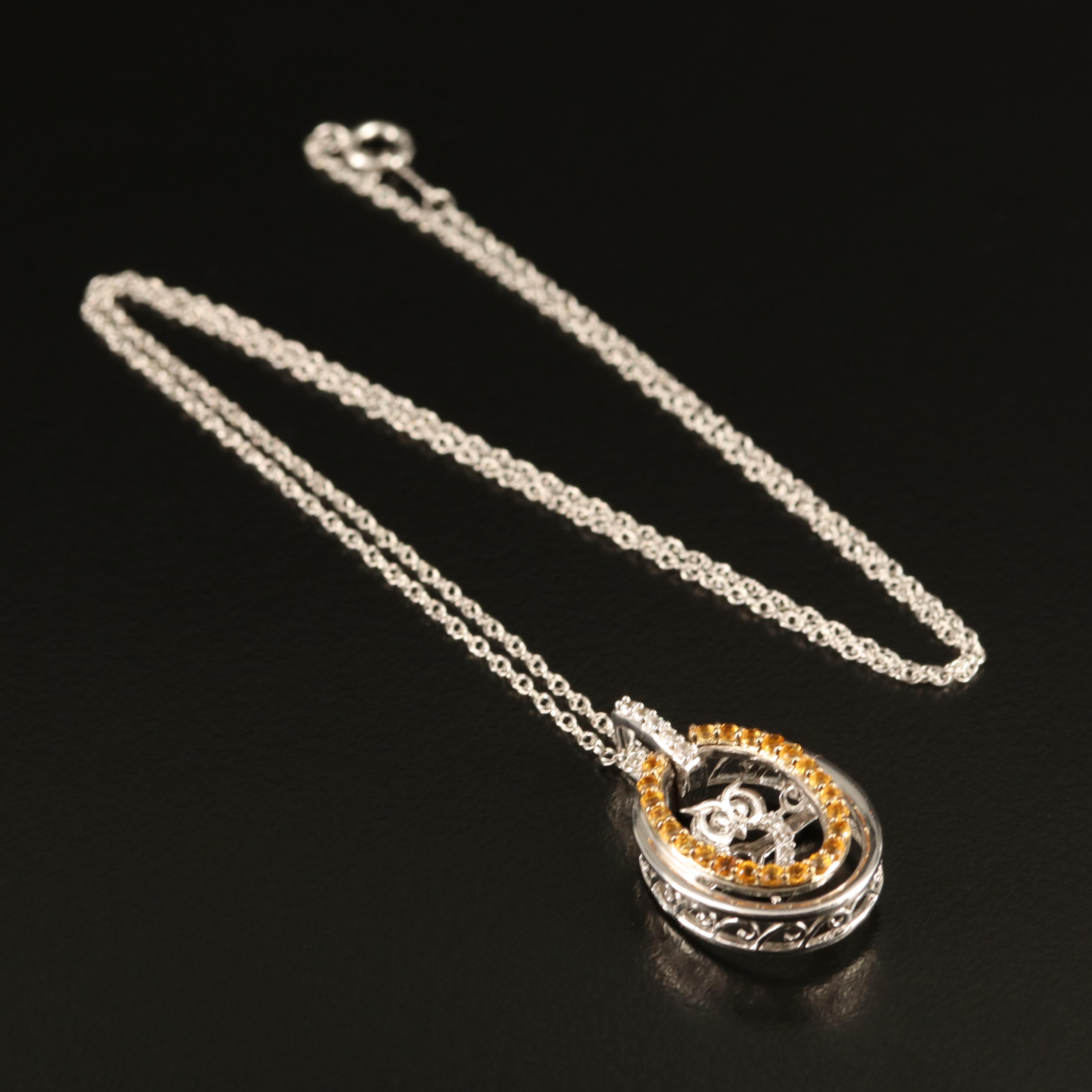 Sterling Citrine and Sapphire Owl Shimmer Pendant Necklace