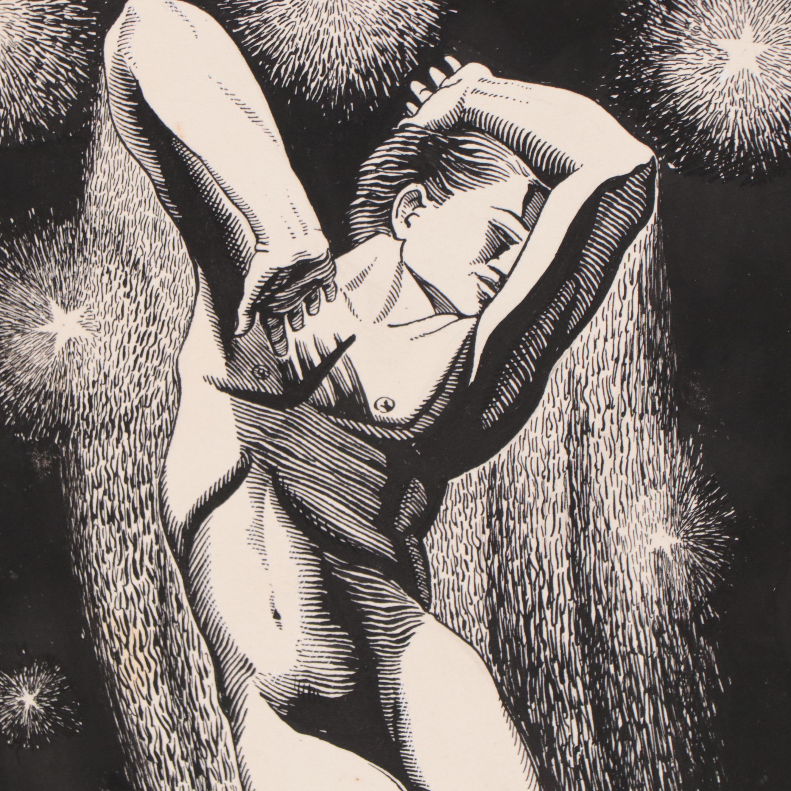 Dan Burne Jones Embellished Wood Engraving "Stardust," 1936