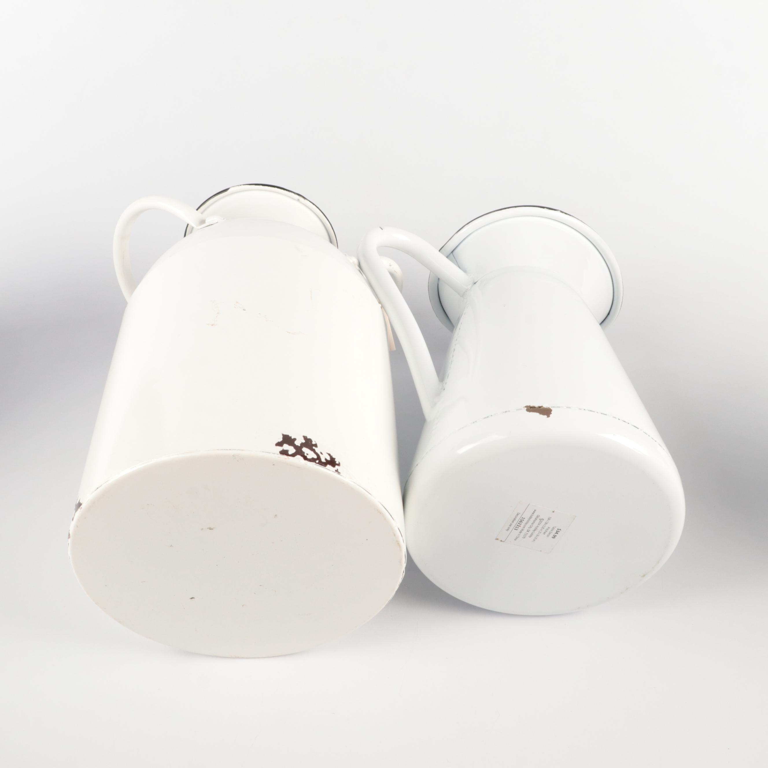 Enamelware Pitcher and Other Containers with Kitchen Scale and Rooster Figurine