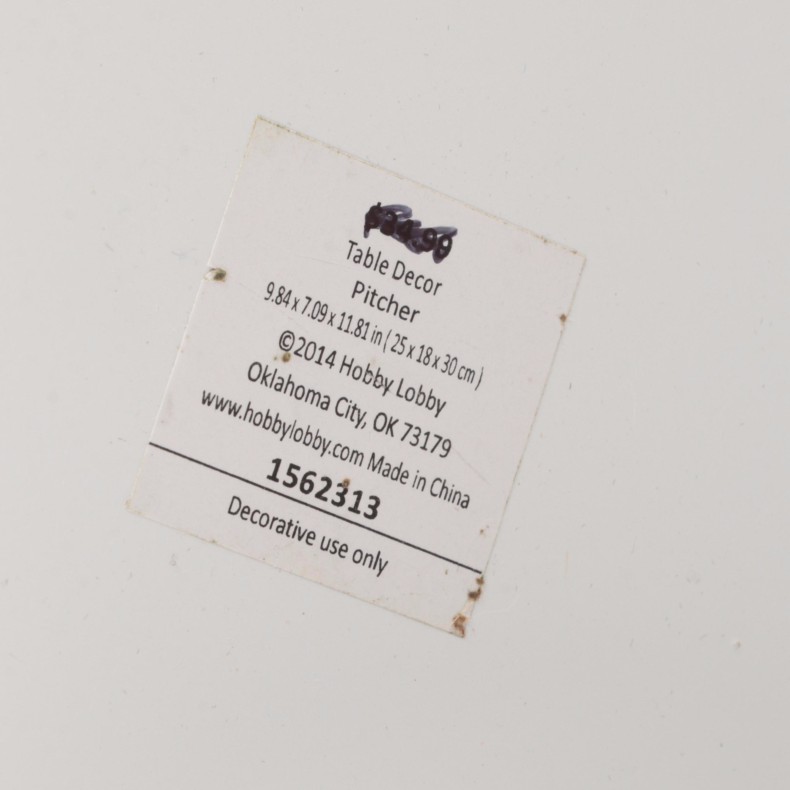 Enamelware Pitcher and Other Containers with Kitchen Scale and Rooster Figurine