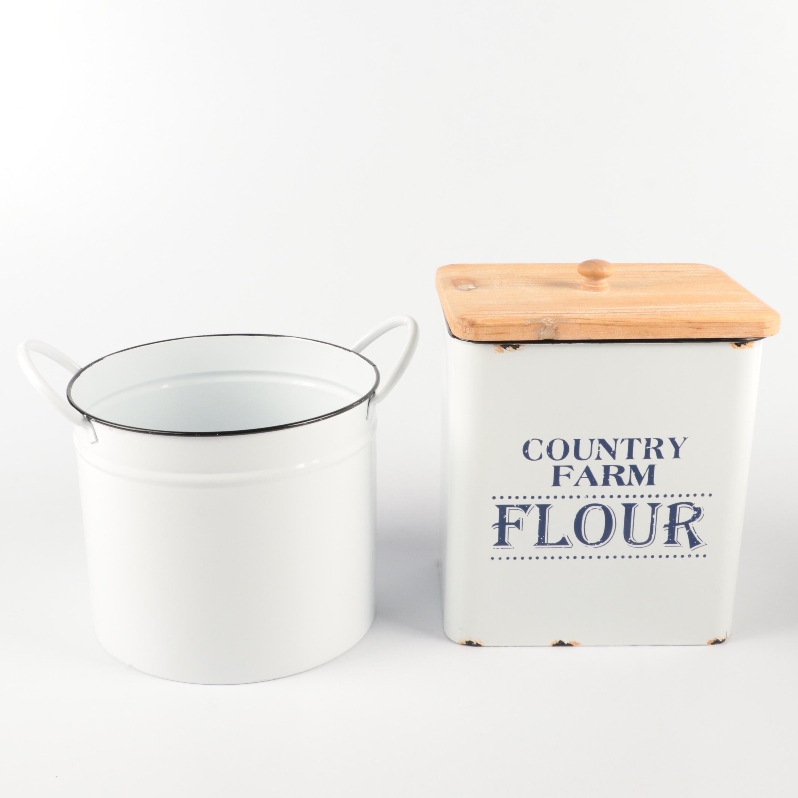 Enamelware Pitcher and Other Containers with Kitchen Scale and Rooster Figurine