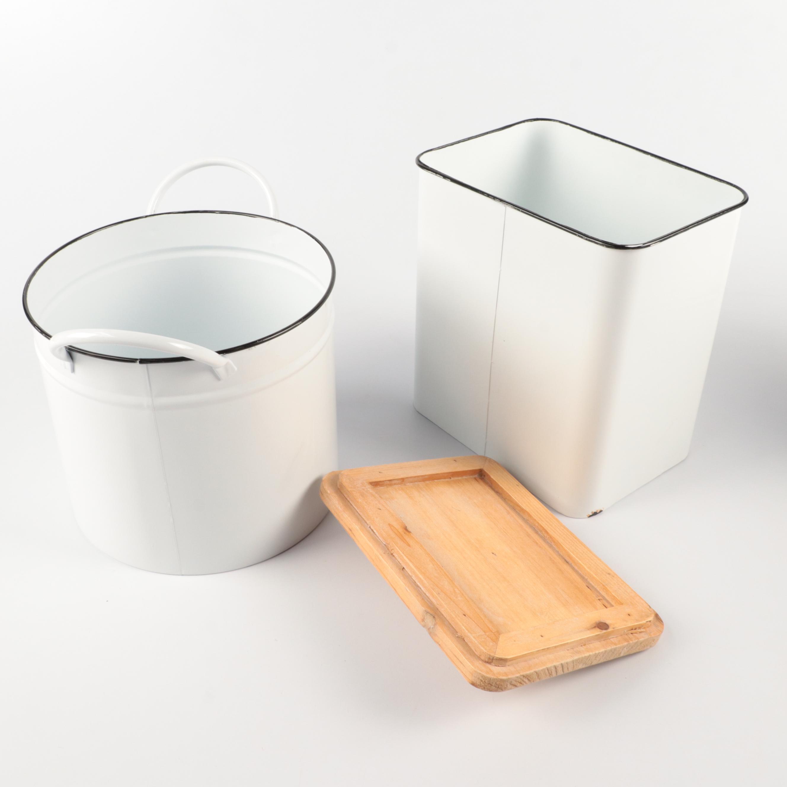 Enamelware Pitcher and Other Containers with Kitchen Scale and Rooster Figurine