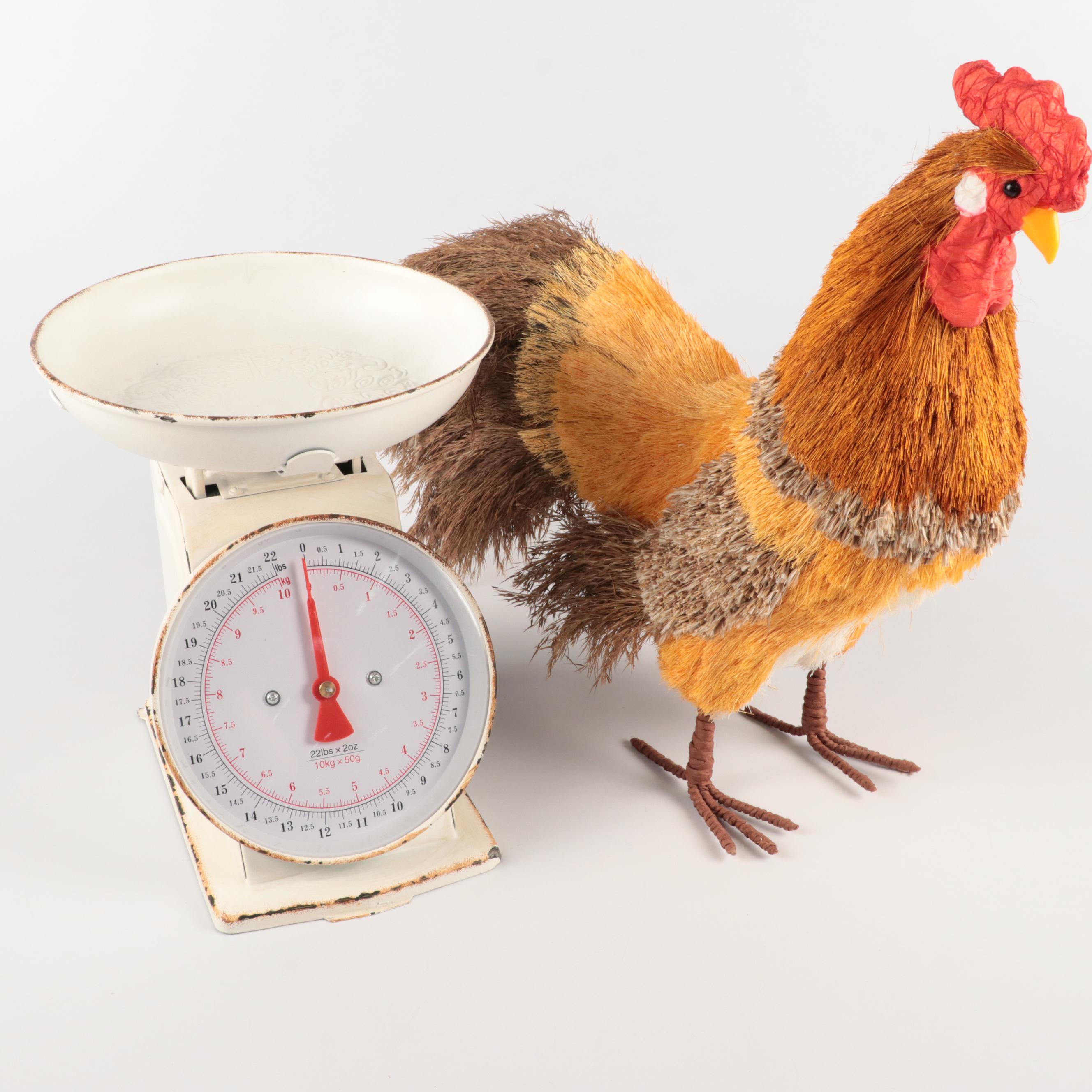 Enamelware Pitcher and Other Containers with Kitchen Scale and Rooster Figurine