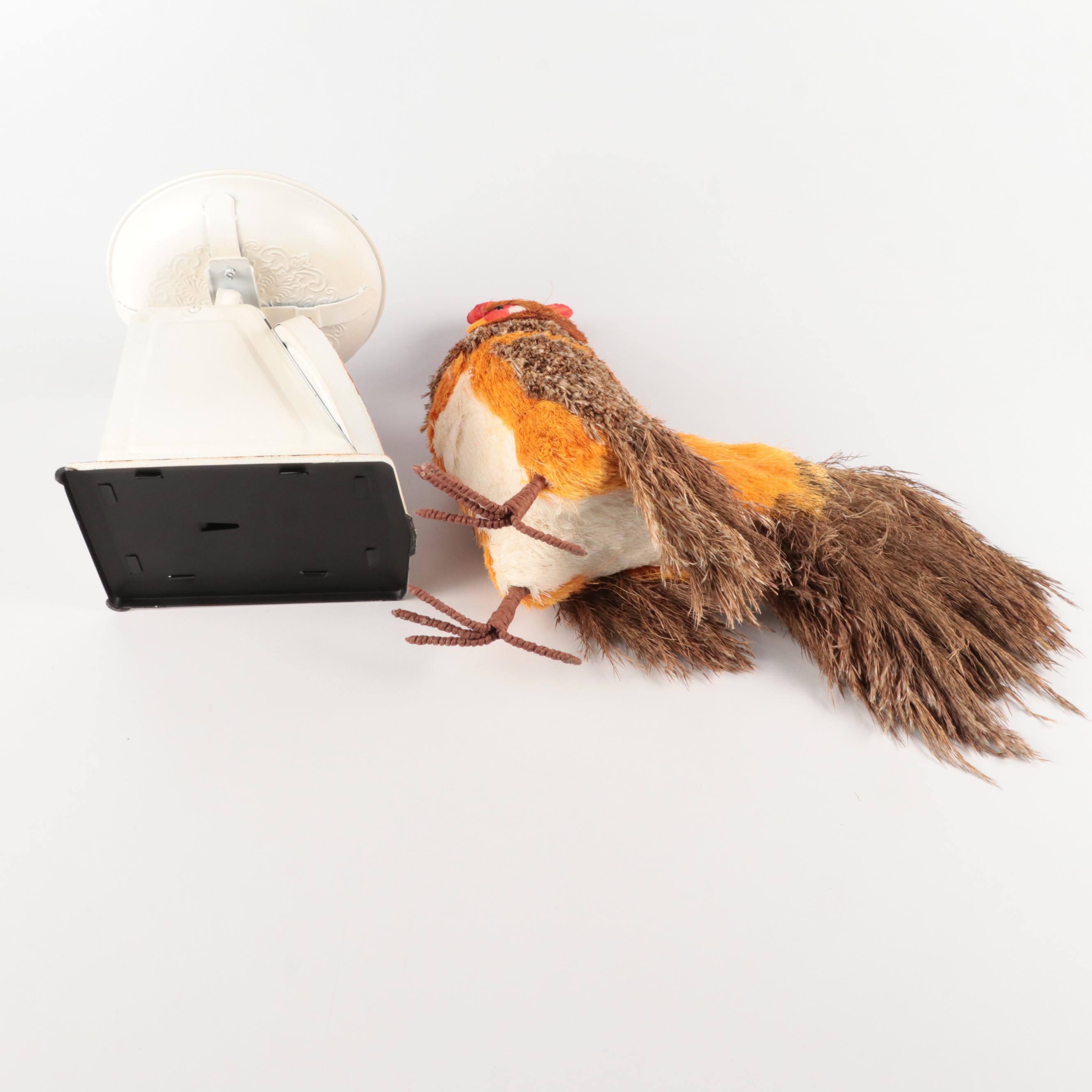 Enamelware Pitcher and Other Containers with Kitchen Scale and Rooster Figurine