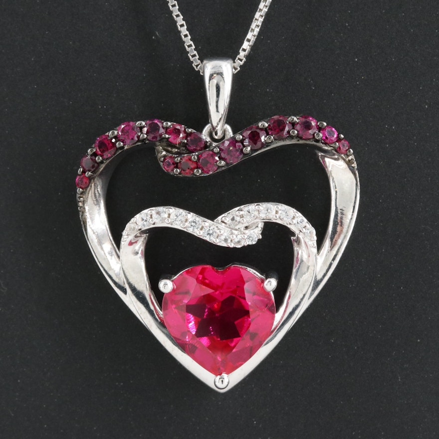 Sterling Ruby and Sapphire Heart Pendant Necklace