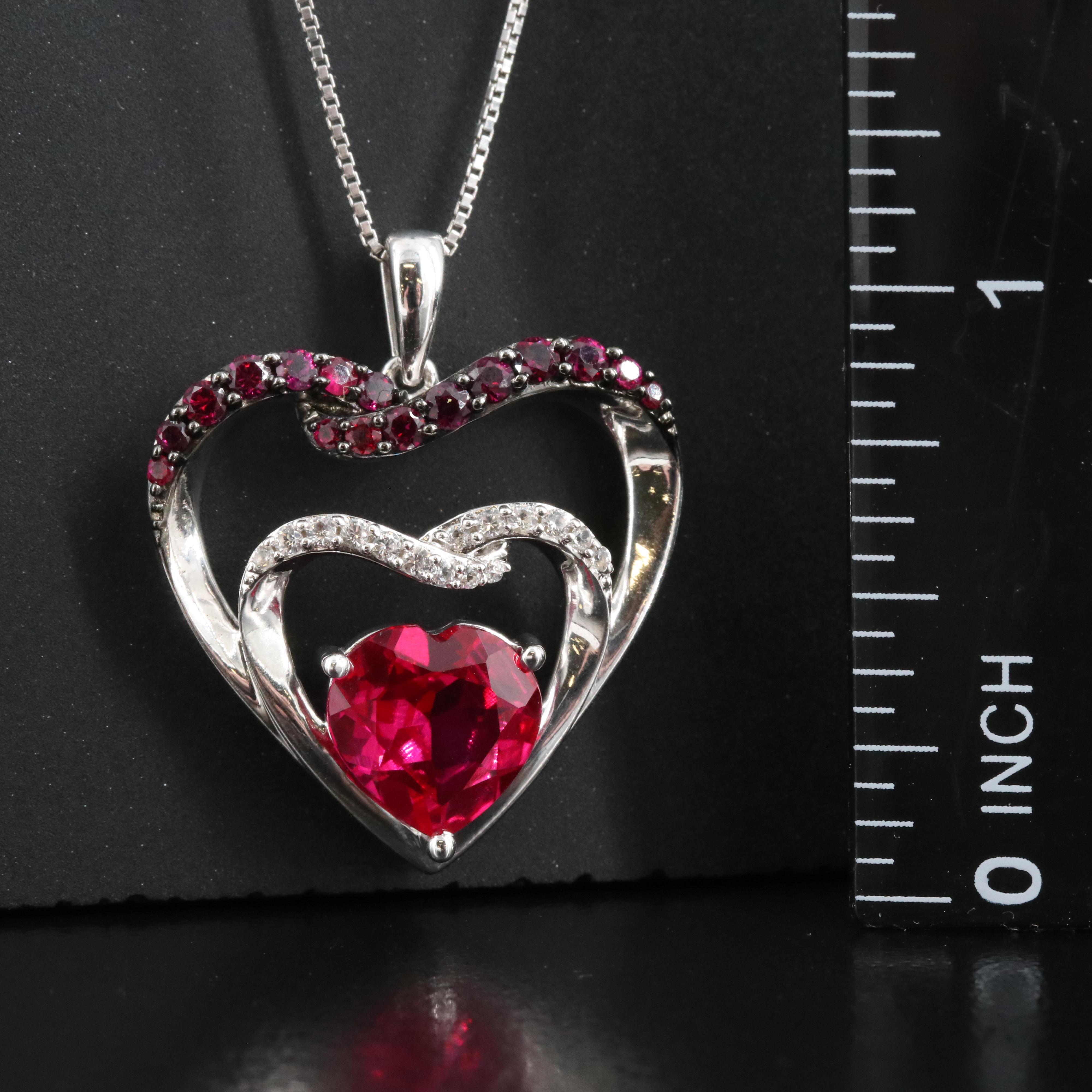 Sterling Ruby and Sapphire Heart Pendant Necklace