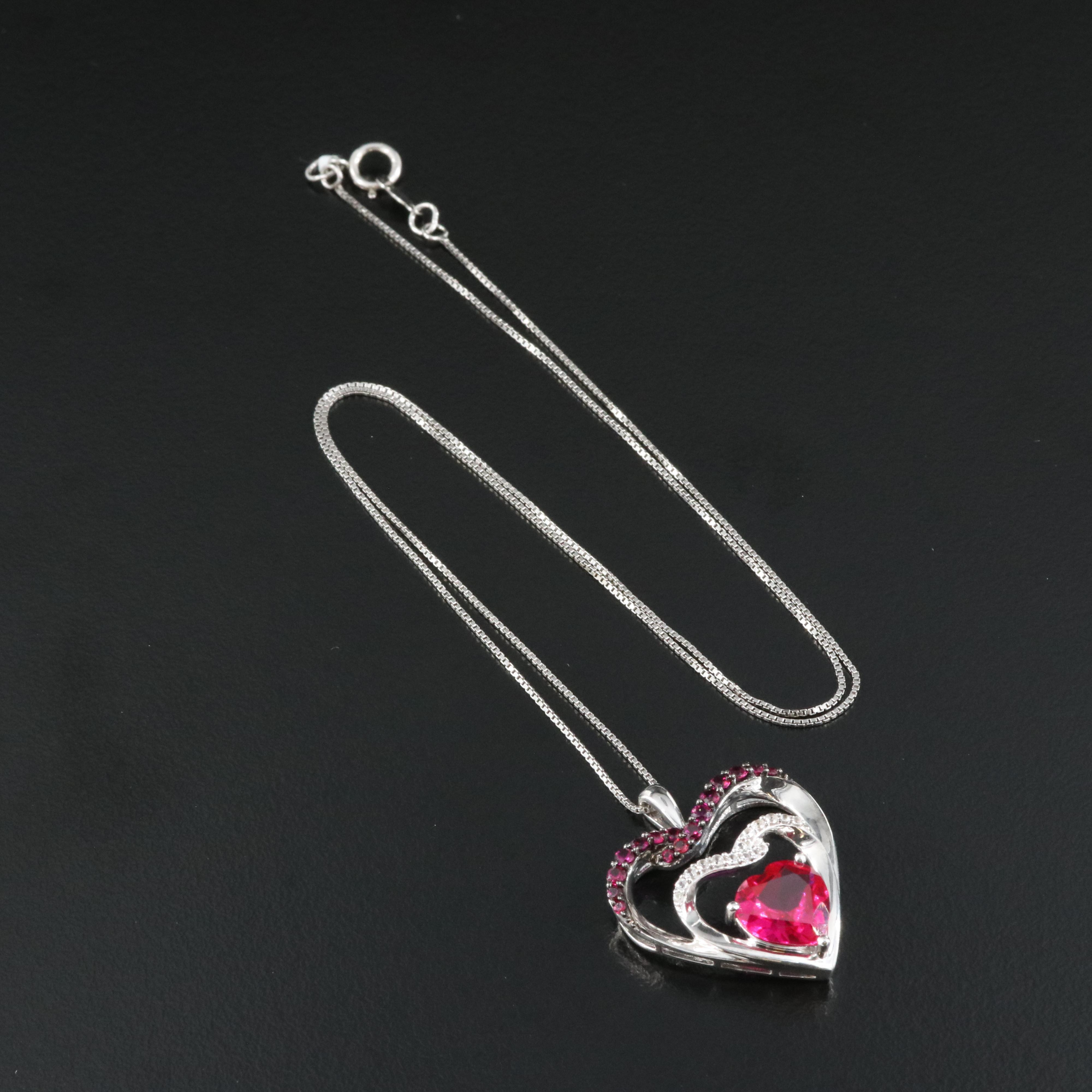 Sterling Ruby and Sapphire Heart Pendant Necklace