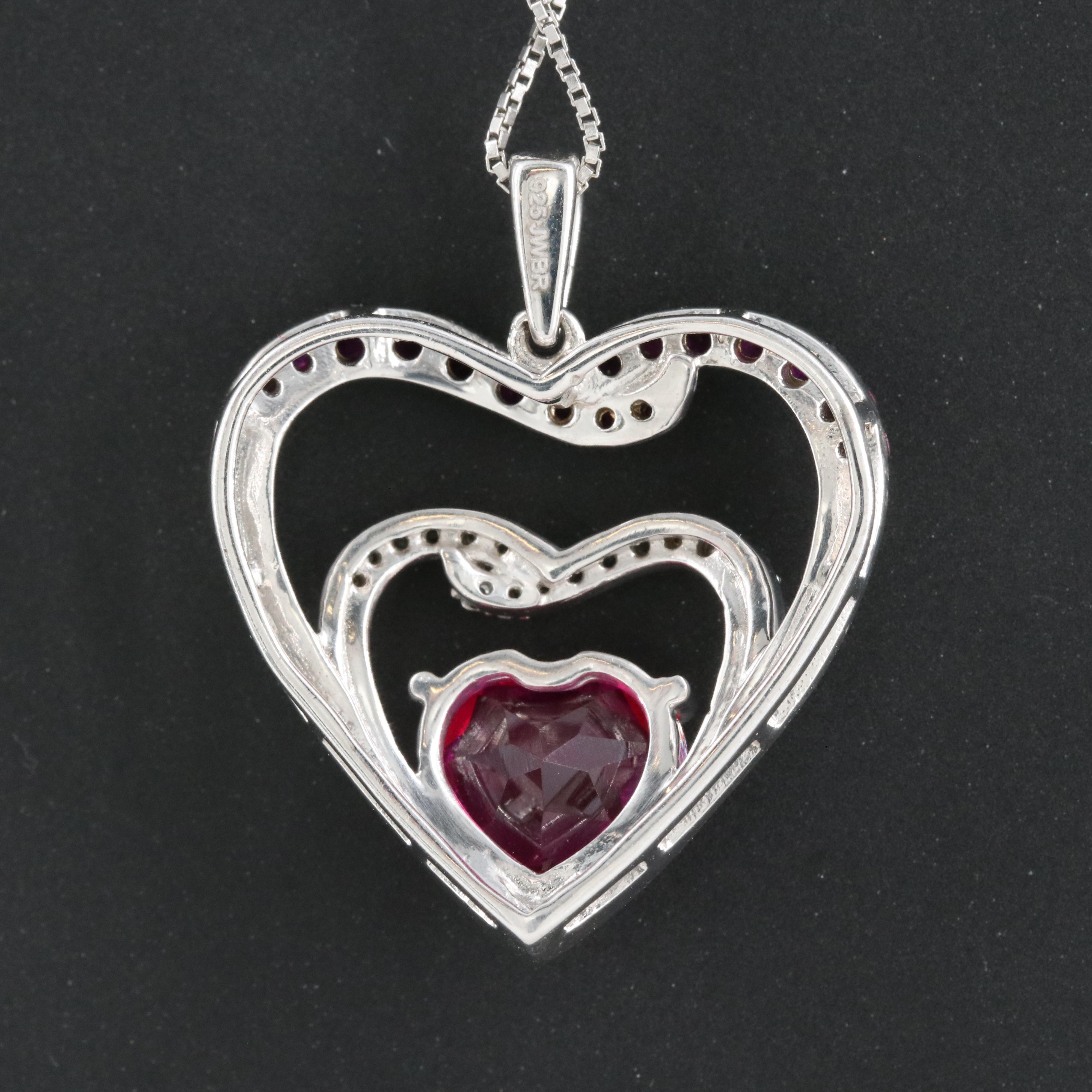 Sterling Ruby and Sapphire Heart Pendant Necklace