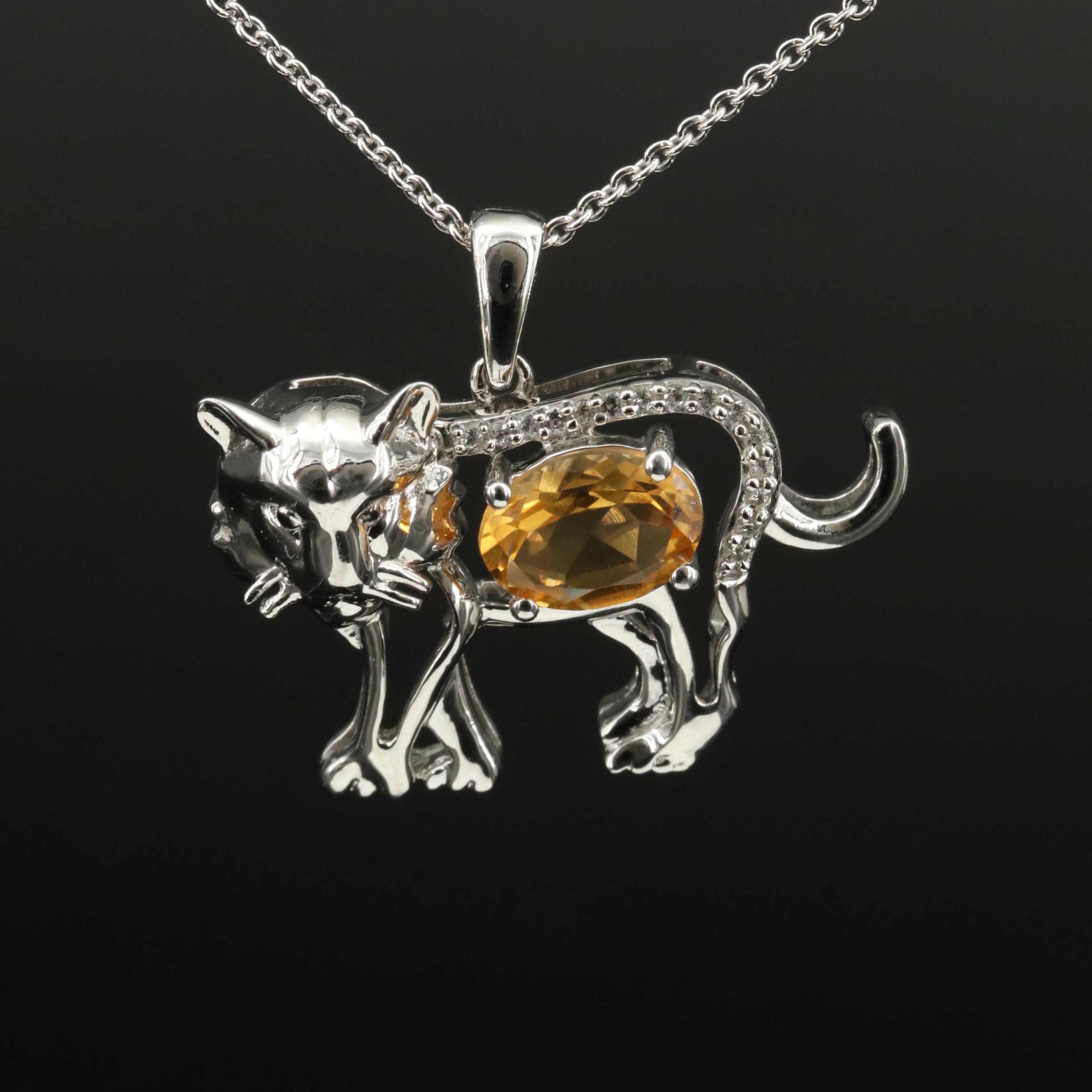 Sterling Citrine and Sapphire Tiger Pendant Necklace
