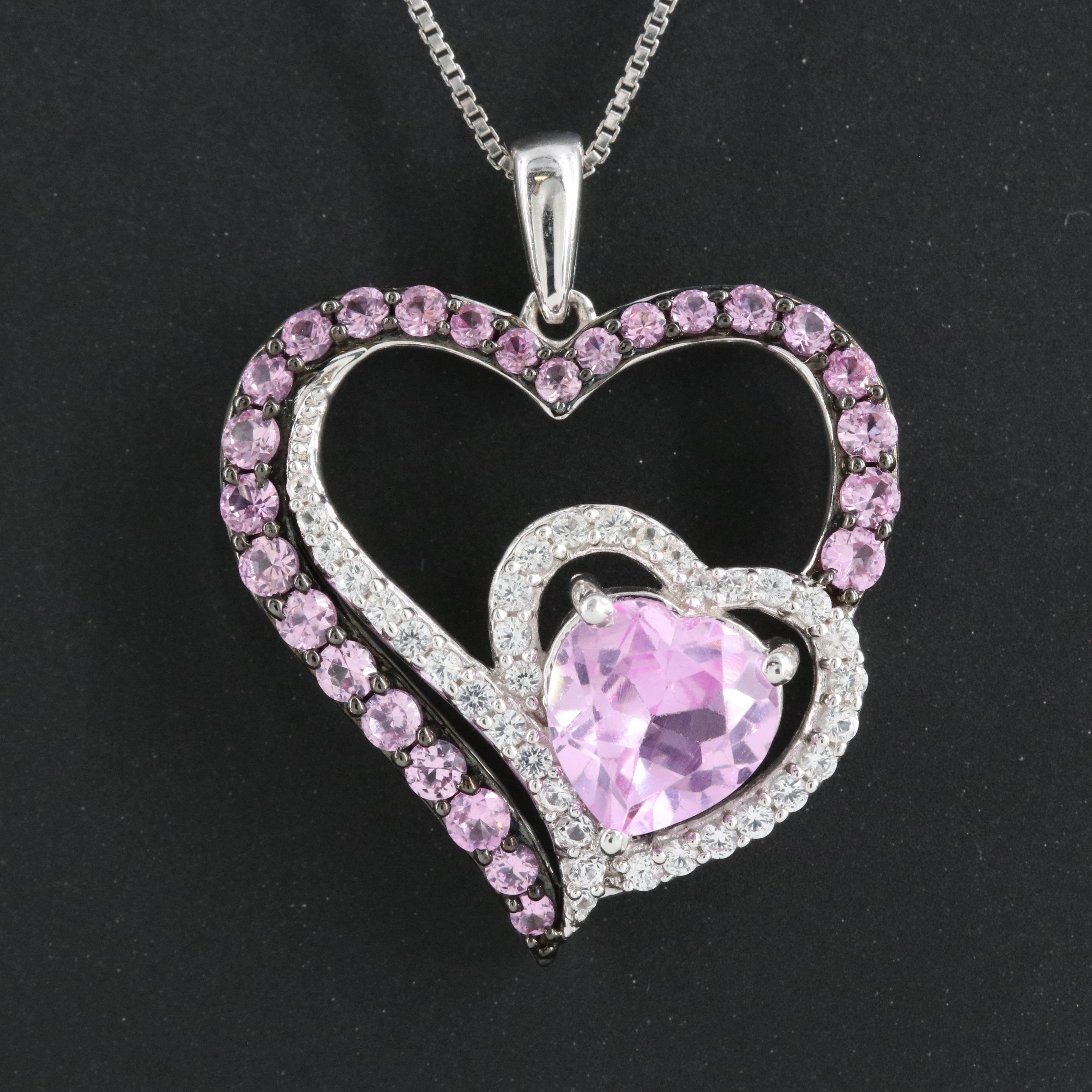 Sterling Sapphire Double Heart Pendant Necklace
