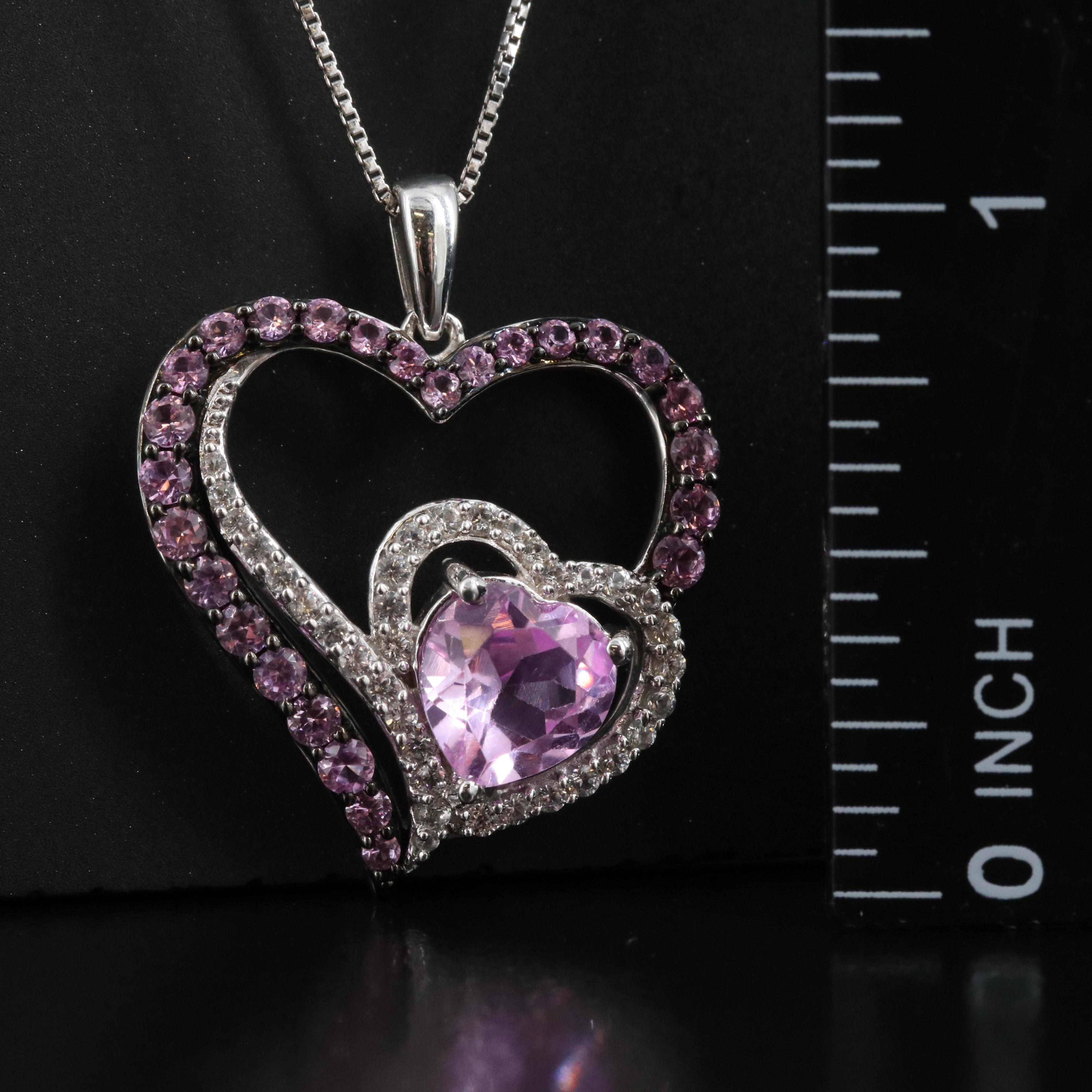 Sterling Sapphire Double Heart Pendant Necklace