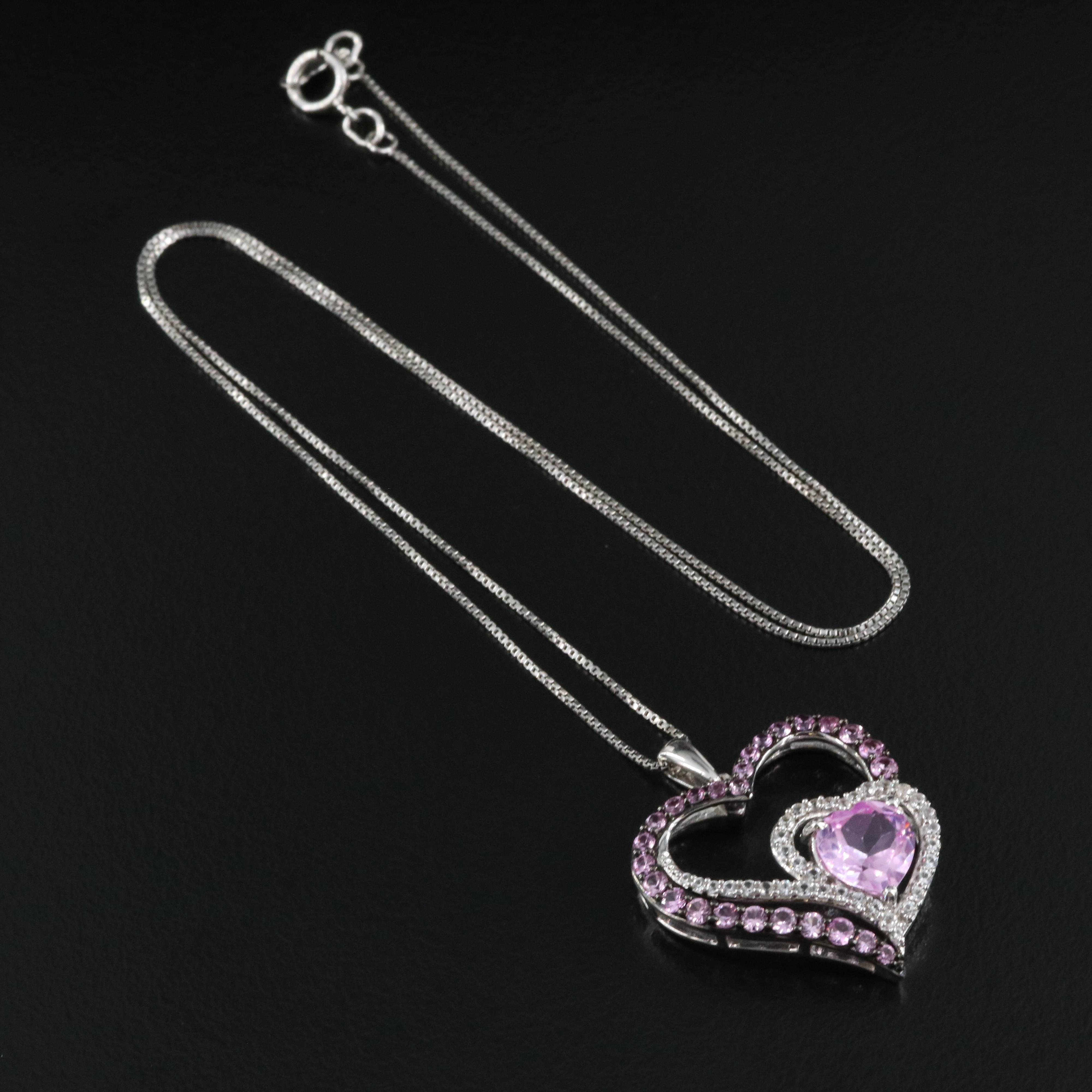 Sterling Sapphire Double Heart Pendant Necklace