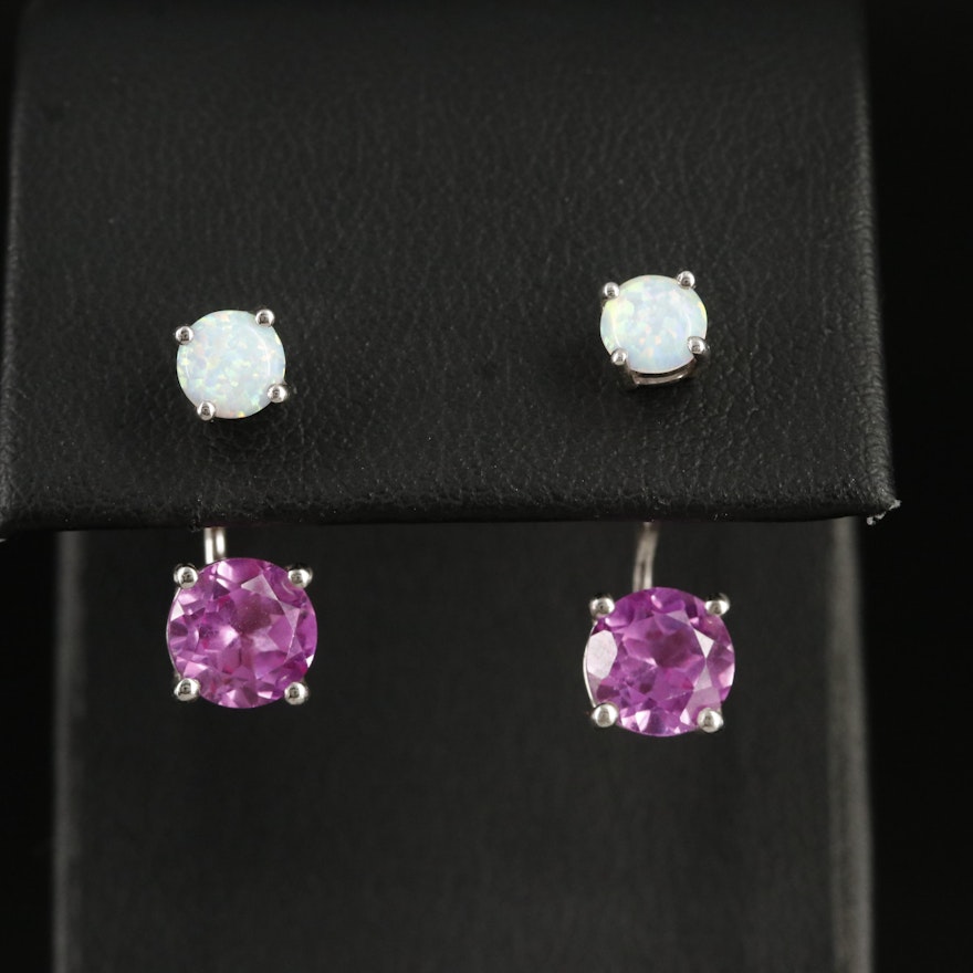 Opal Stud Earrings with Sterling Pink Sapphire Enhancers