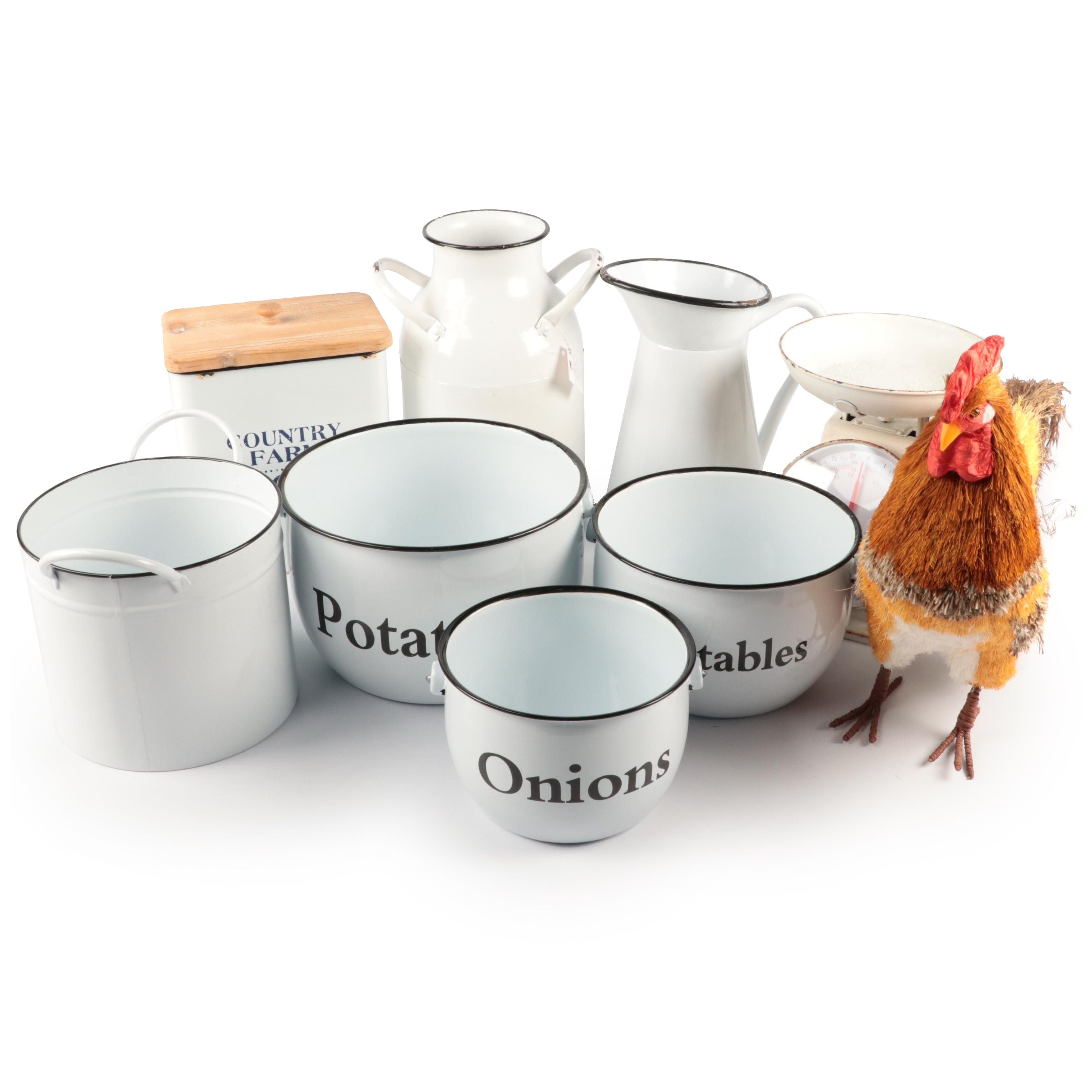 Enamelware Pitcher and Other Containers with Kitchen Scale and Rooster Figurine
