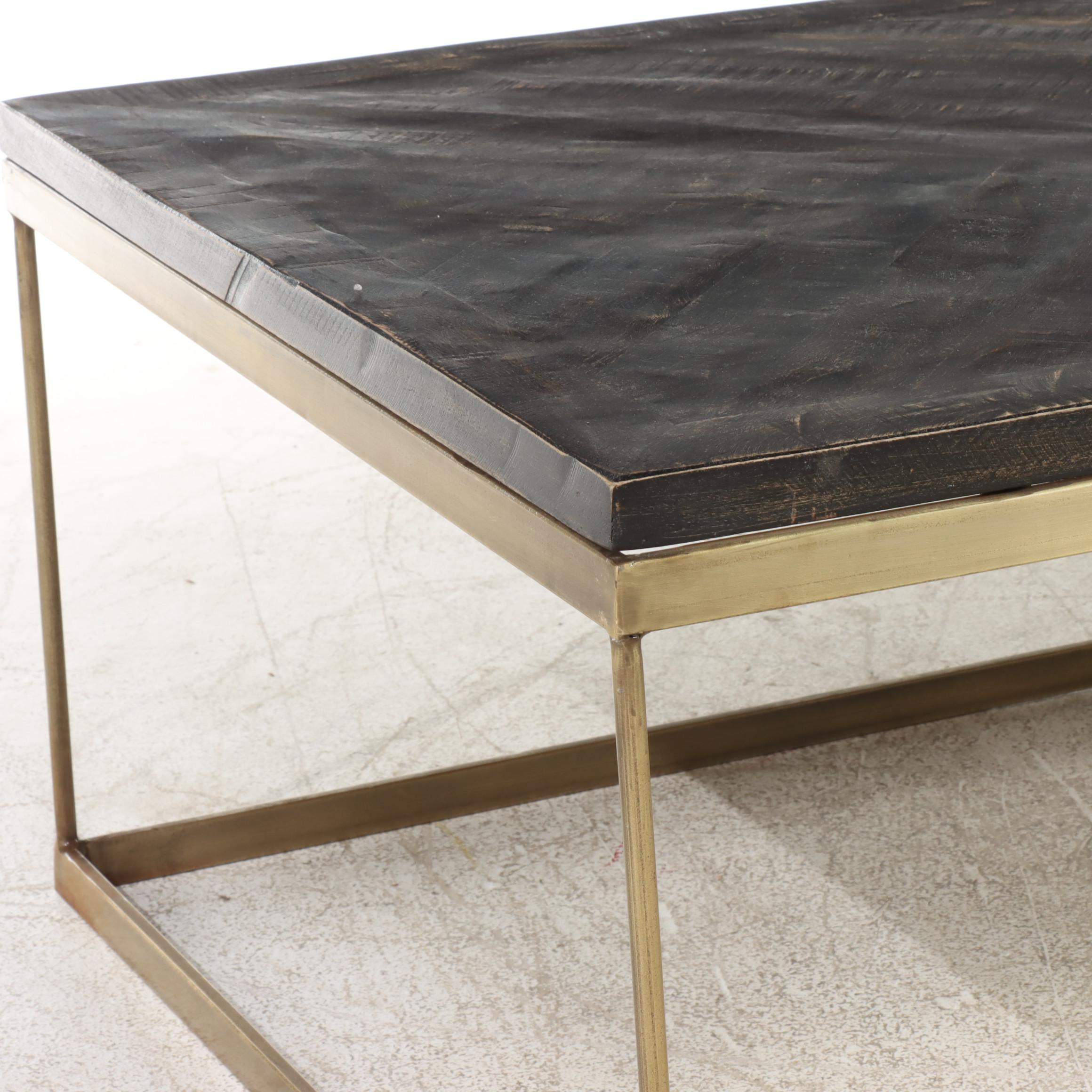Contemporary Rustic, Ebonized Wooden and Gold-Painted Metal Coffee Table