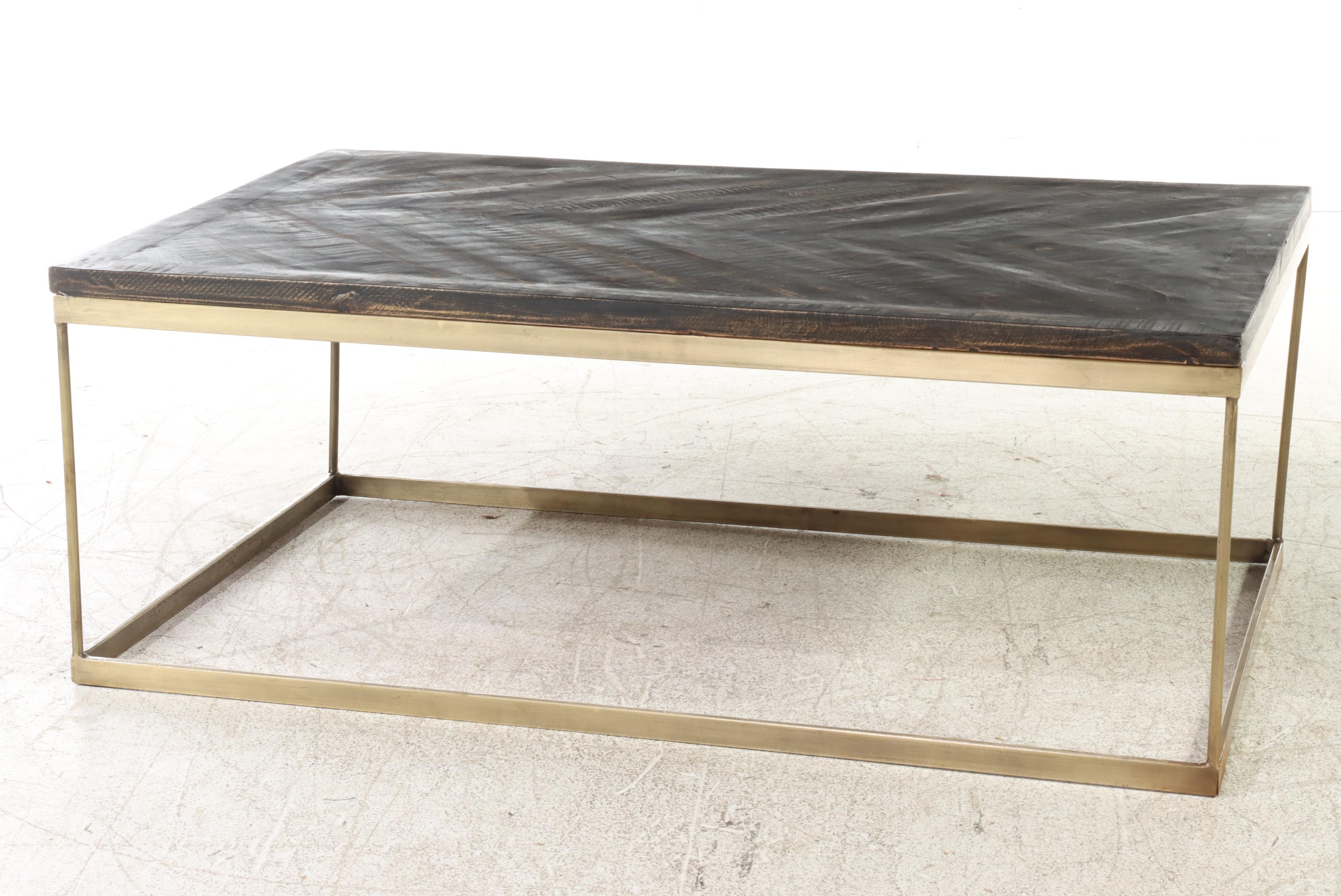 Contemporary Rustic, Ebonized Wooden and Gold-Painted Metal Coffee Table