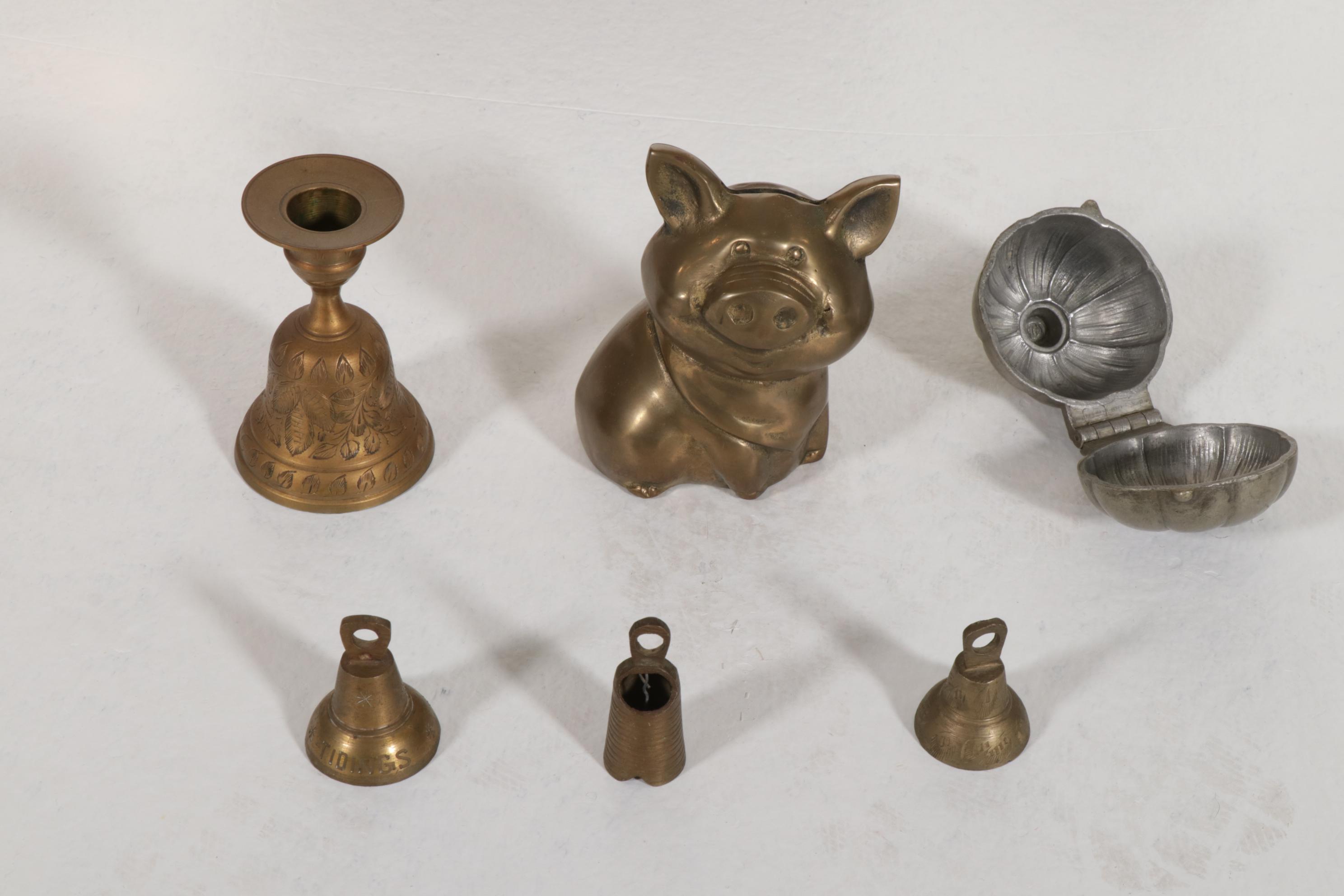 Brass Table Lamps With Carved Wooden Wall Plaques, Brass Bells and More