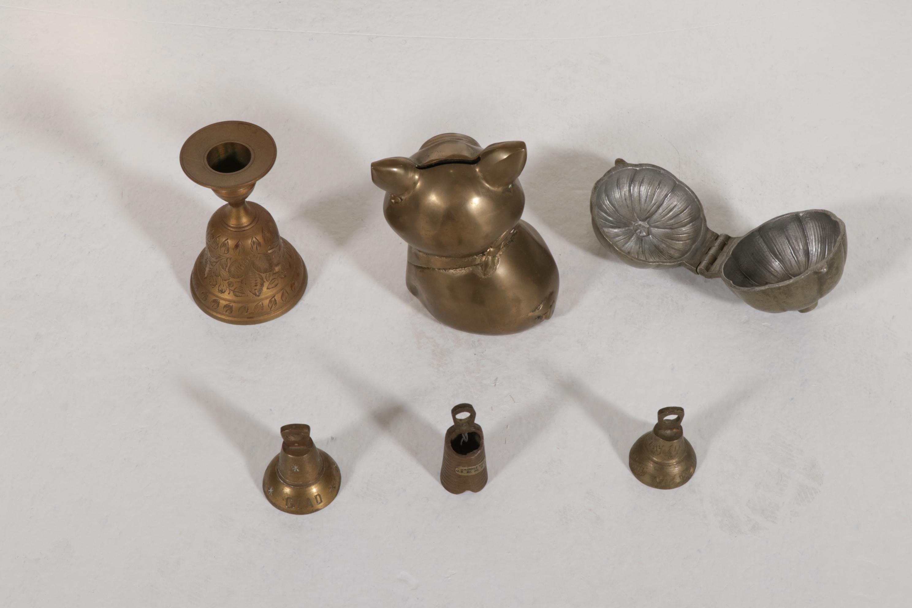 Brass Table Lamps With Carved Wooden Wall Plaques, Brass Bells and More