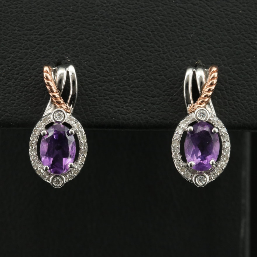 Sterling Amethyst and Diamond Earrings with 10K Rose Gold Accent