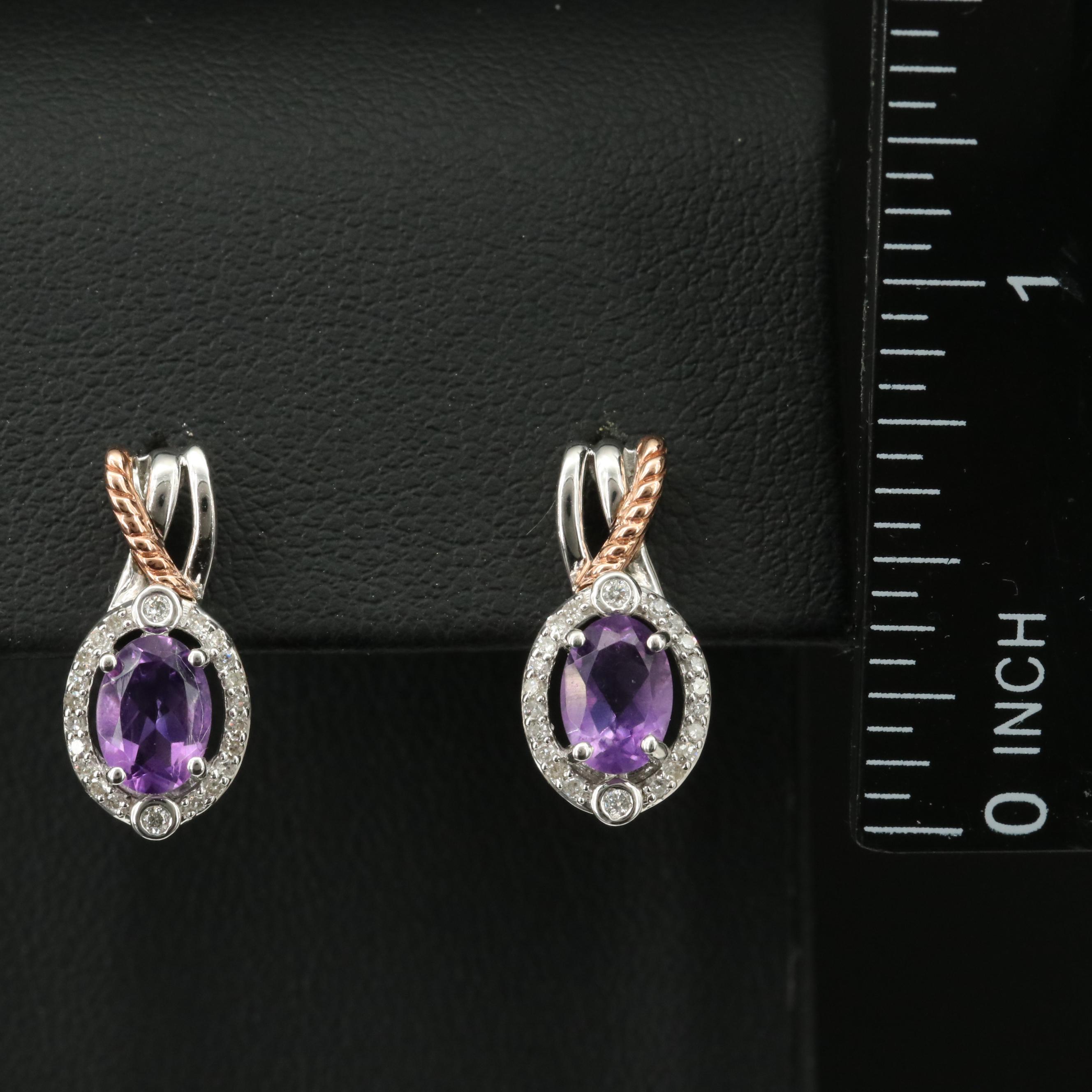 Sterling Amethyst and Diamond Earrings with 10K Rose Gold Accent
