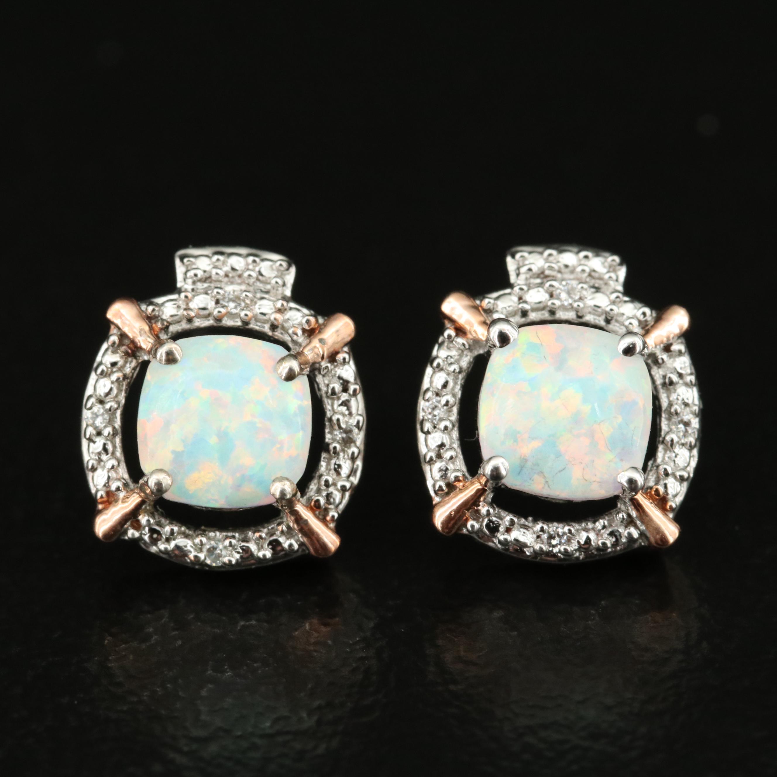 Sterling Opal and Cubic Zirconia Stud Earrings