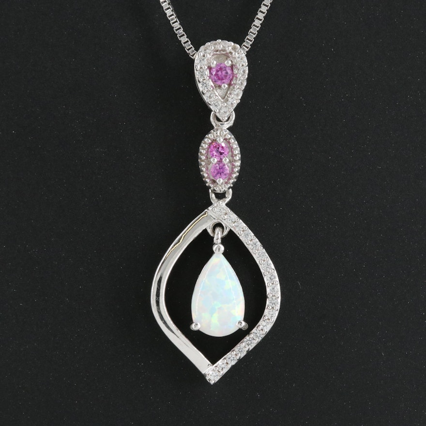 Sterling Opal and Sapphire Pendant Necklace