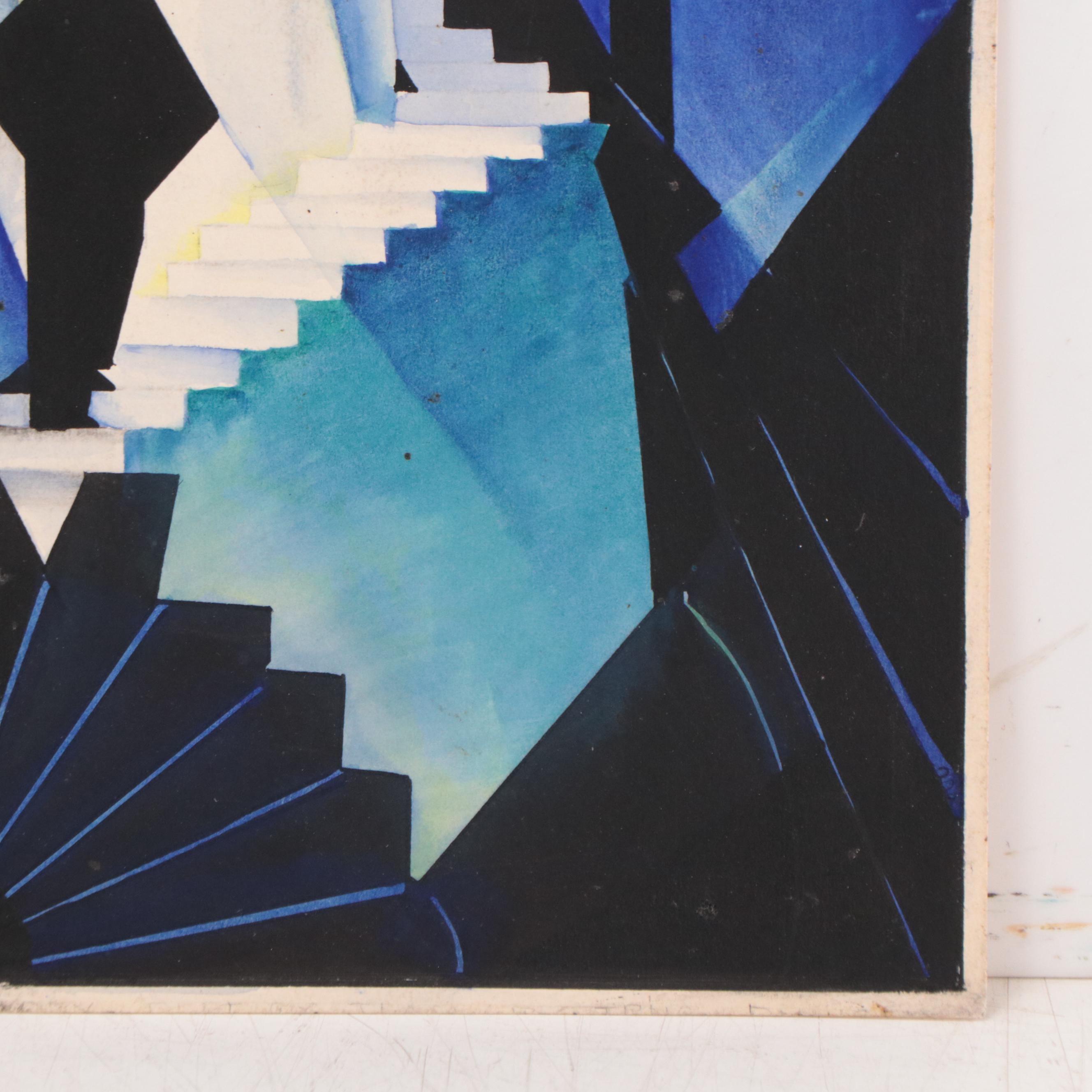 Dan Burne Jones Watercolor and Gouache Painting of Geometric Scene, 1928