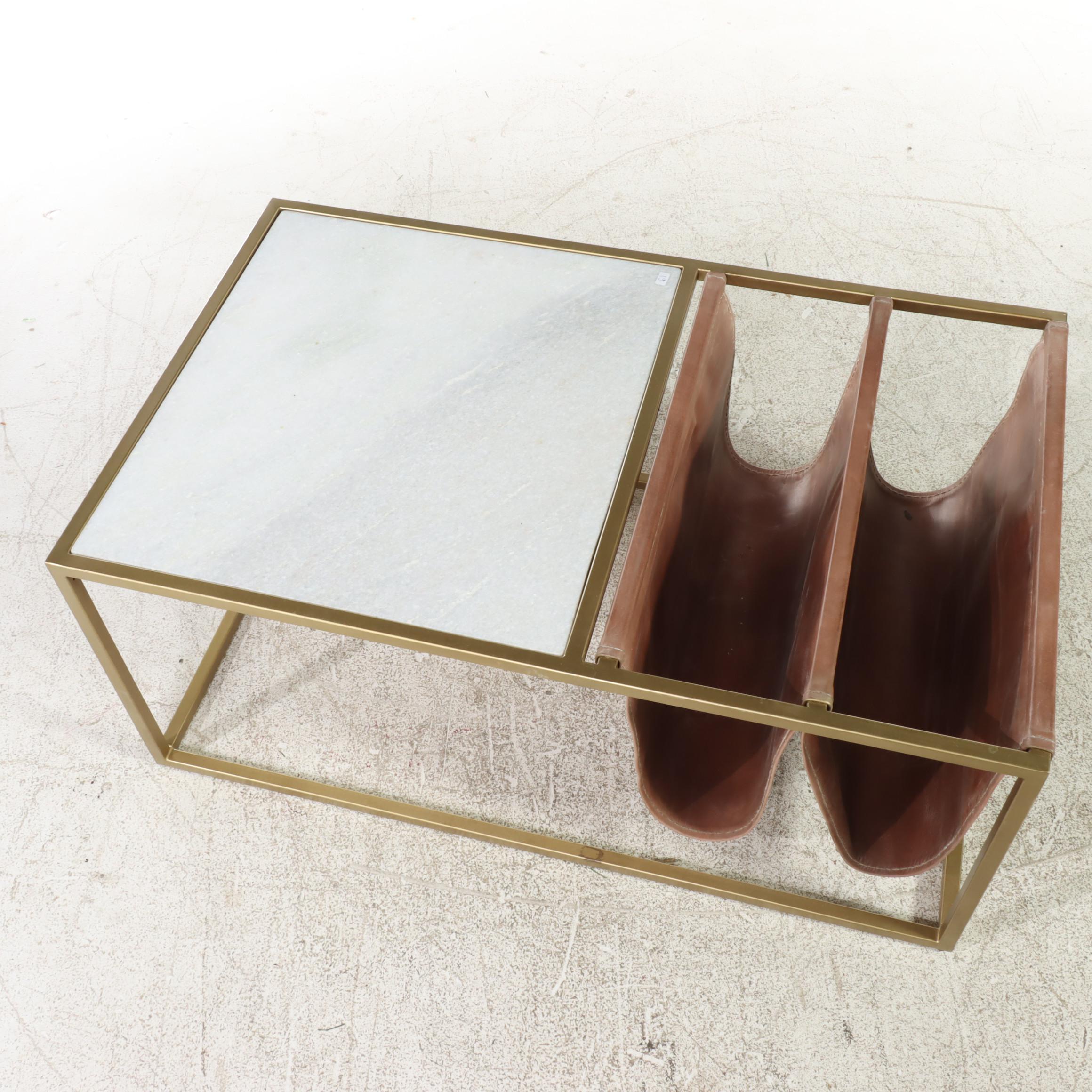 Contemporary Marble, Gold-Painted Metal and Leather Magazine Rack Side Table
