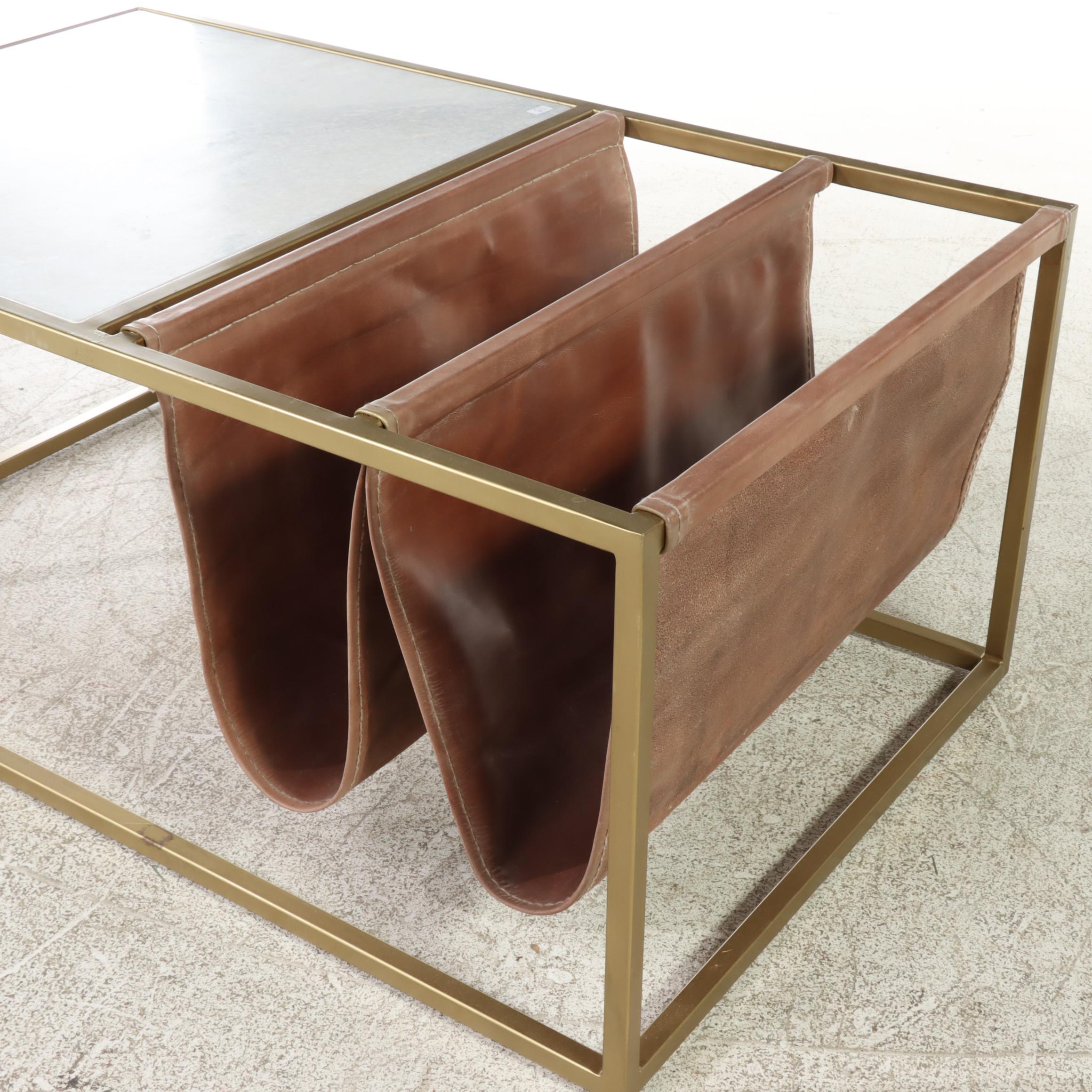 Contemporary Marble, Gold-Painted Metal and Leather Magazine Rack Side Table