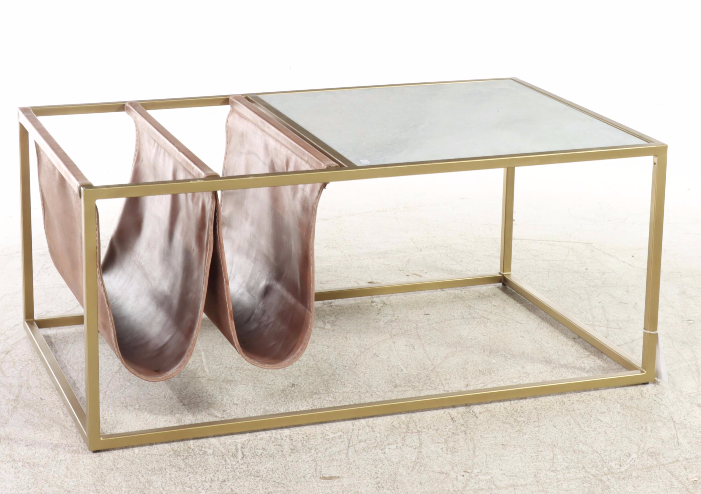 Contemporary Marble, Gold-Painted Metal and Leather Magazine Rack Side Table