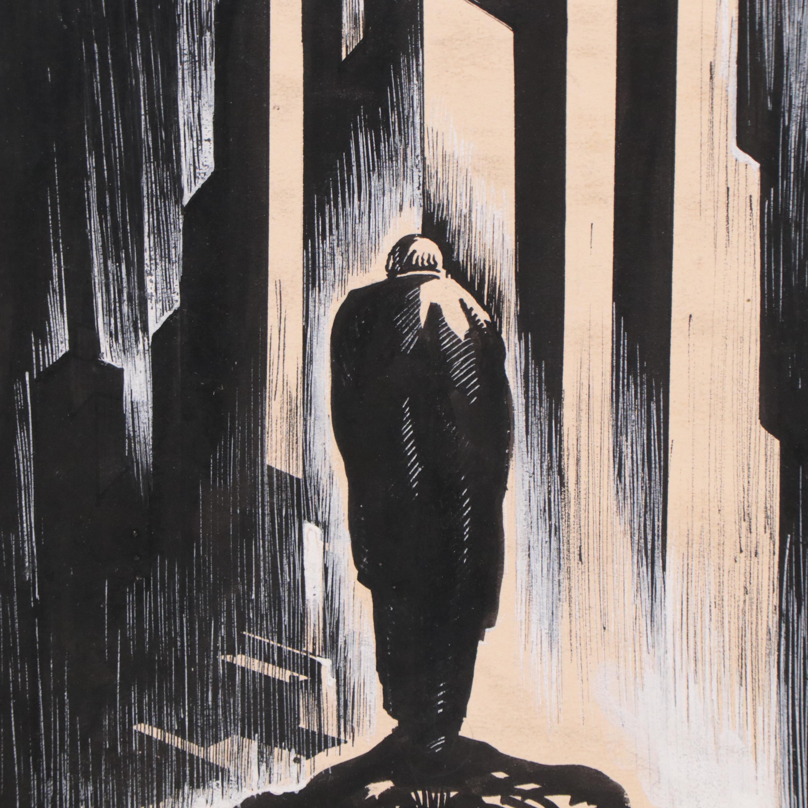 Dan Burne Jones Art Deco Gouache Painting of a Man and Towers