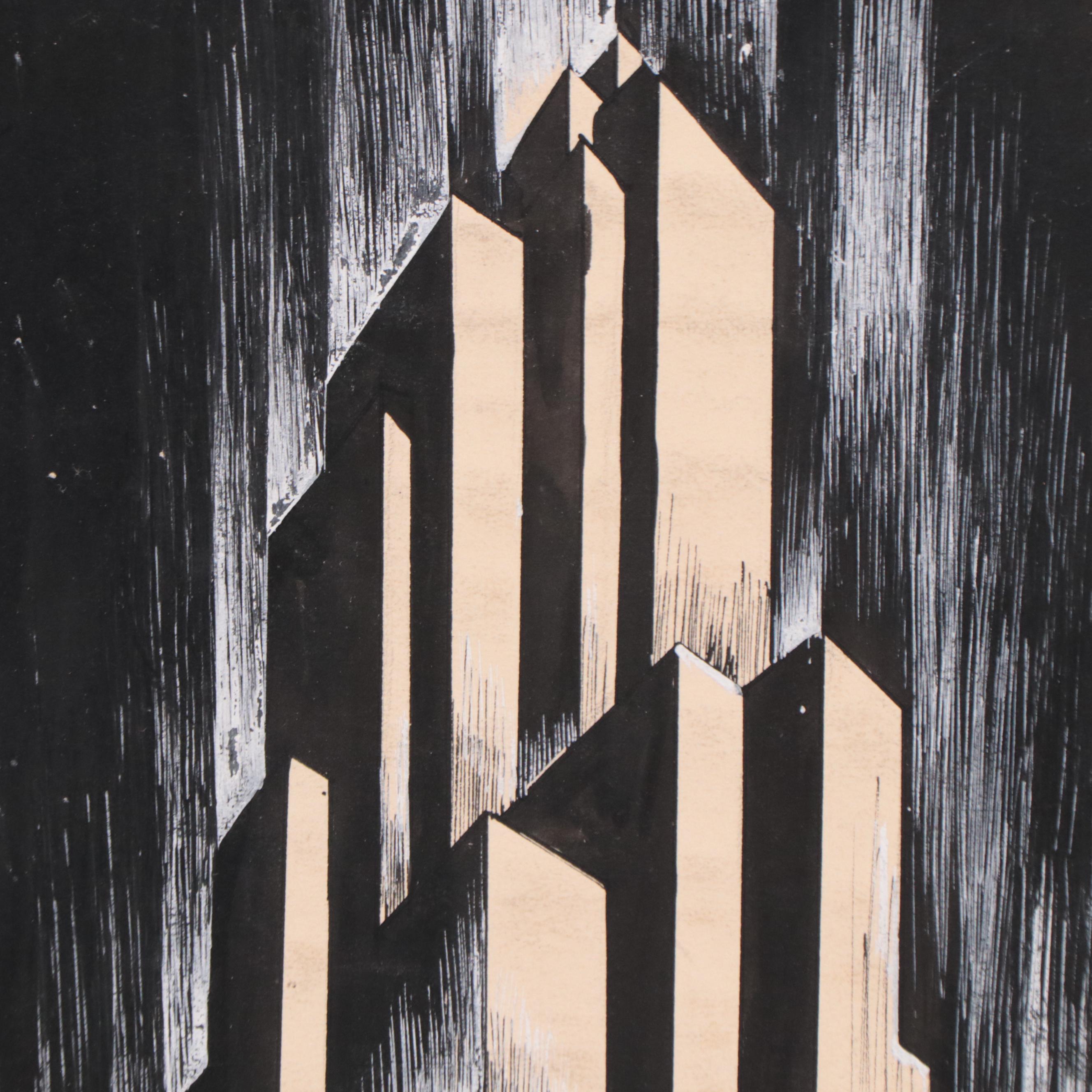 Dan Burne Jones Art Deco Gouache Painting of a Man and Towers