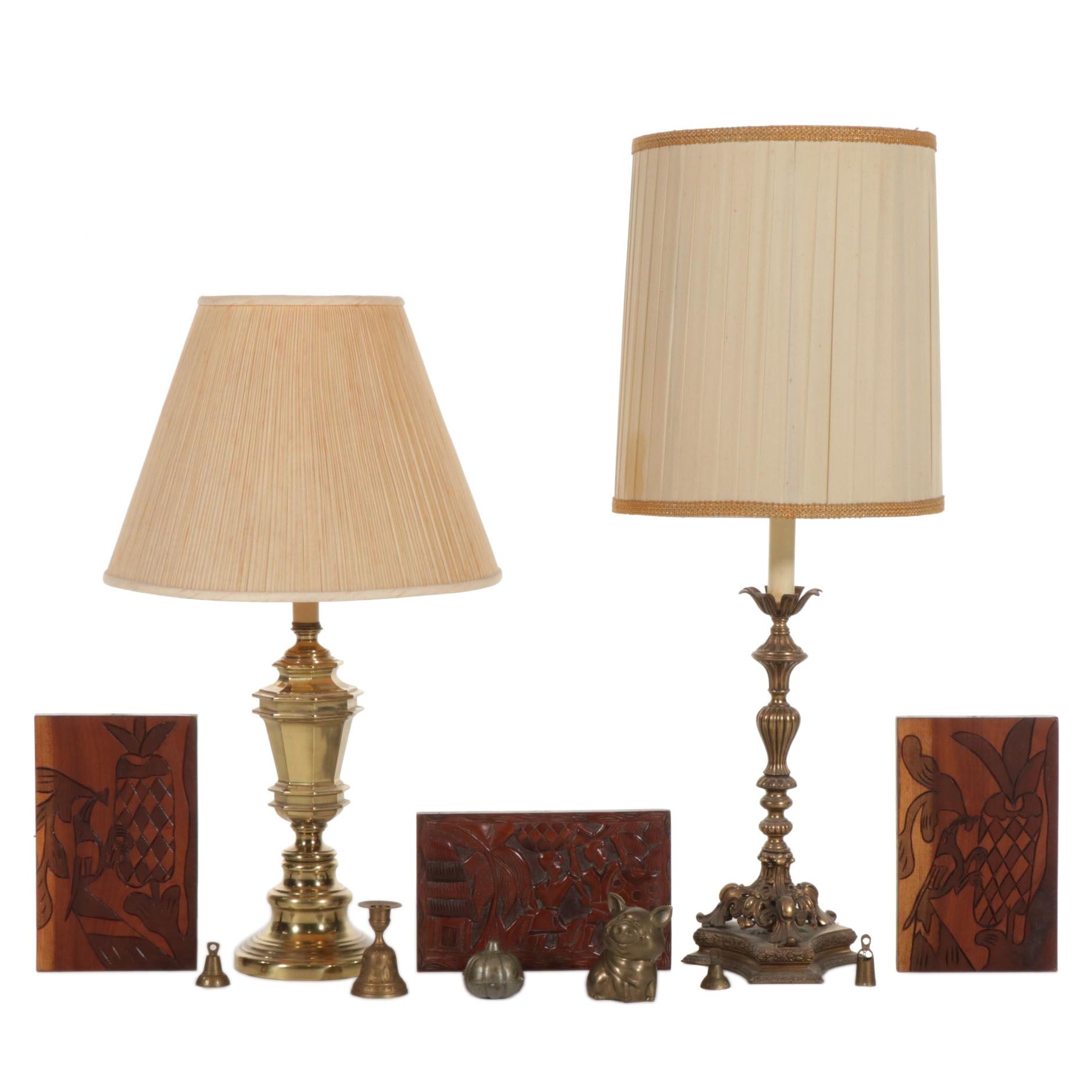 Brass Table Lamps With Carved Wooden Wall Plaques, Brass Bells and More