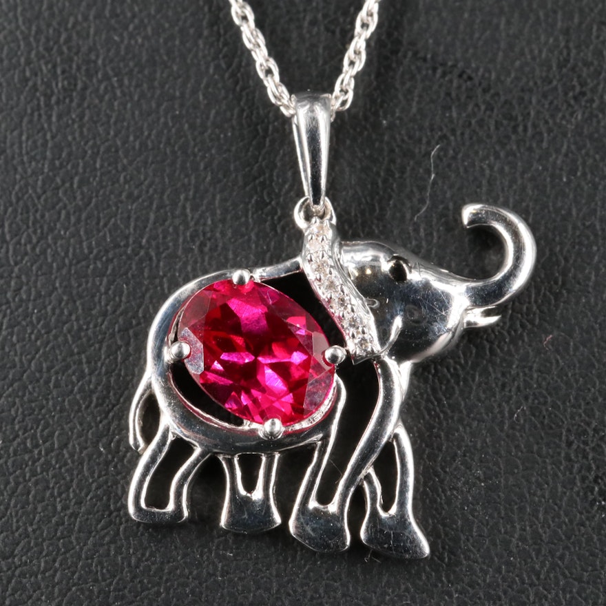 Sterling Ruby and Cubic Zirconia Elephant Pendant Necklace