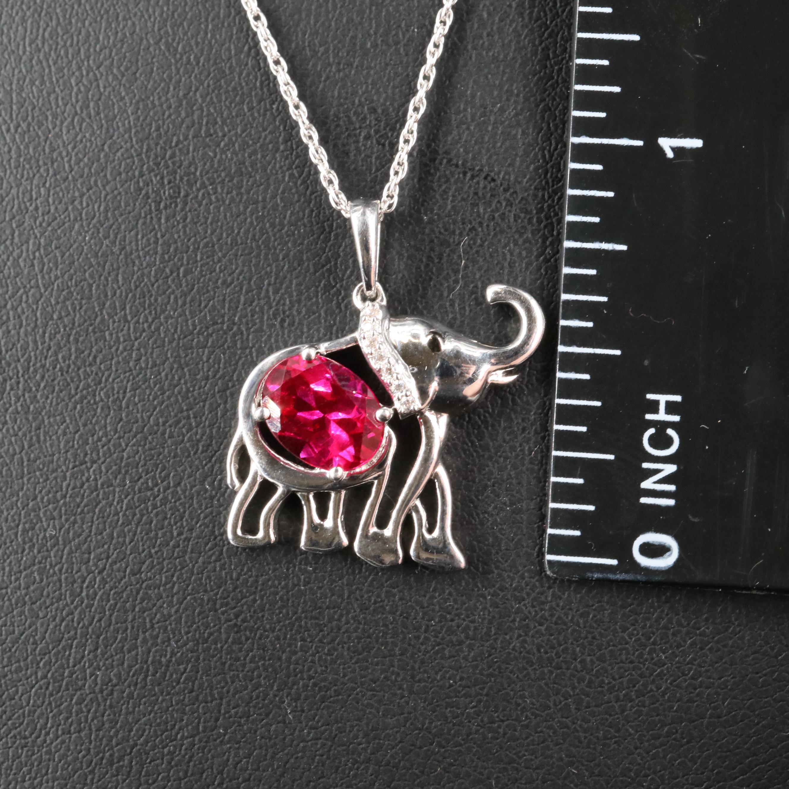 Sterling Ruby and Cubic Zirconia Elephant Pendant Necklace