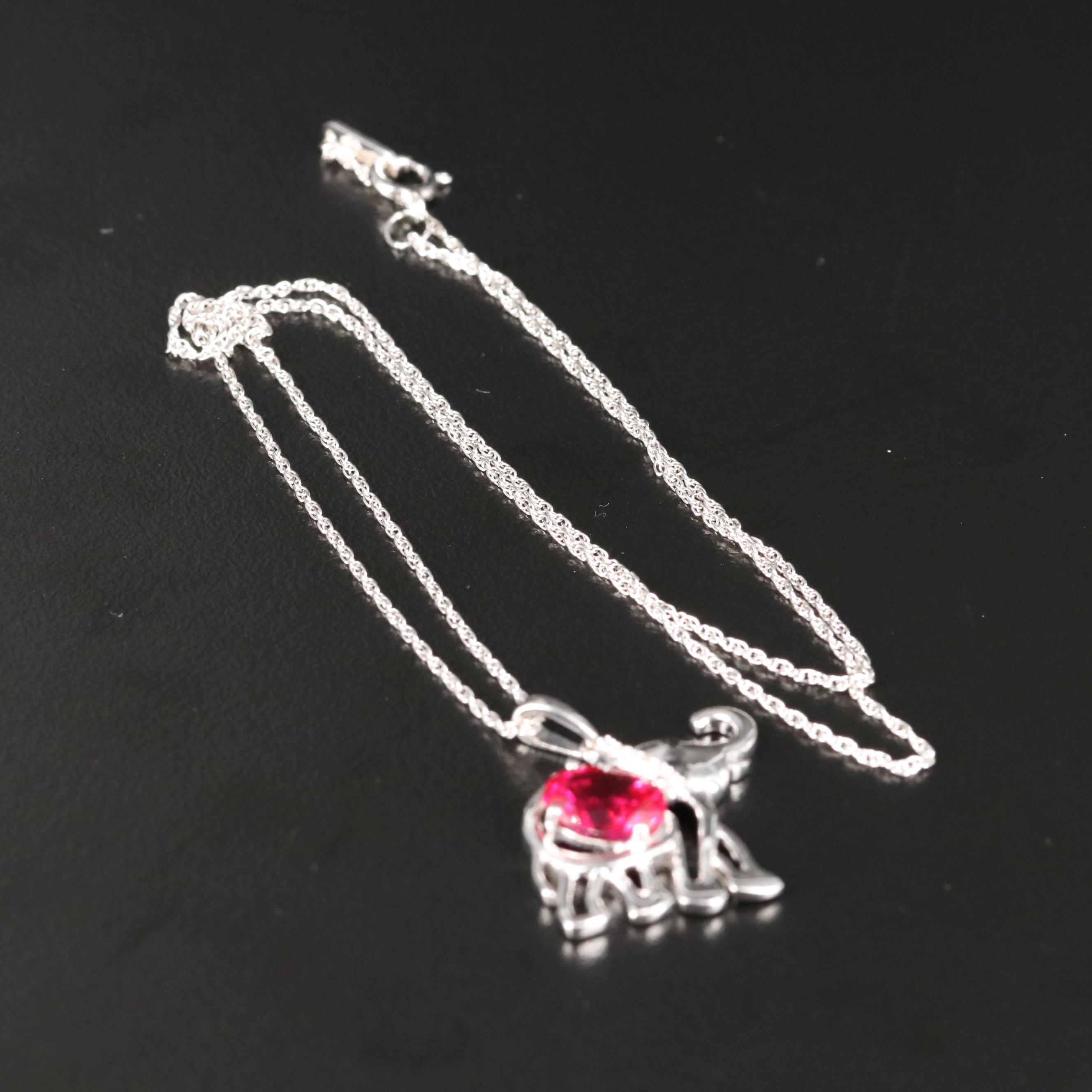 Sterling Ruby and Cubic Zirconia Elephant Pendant Necklace