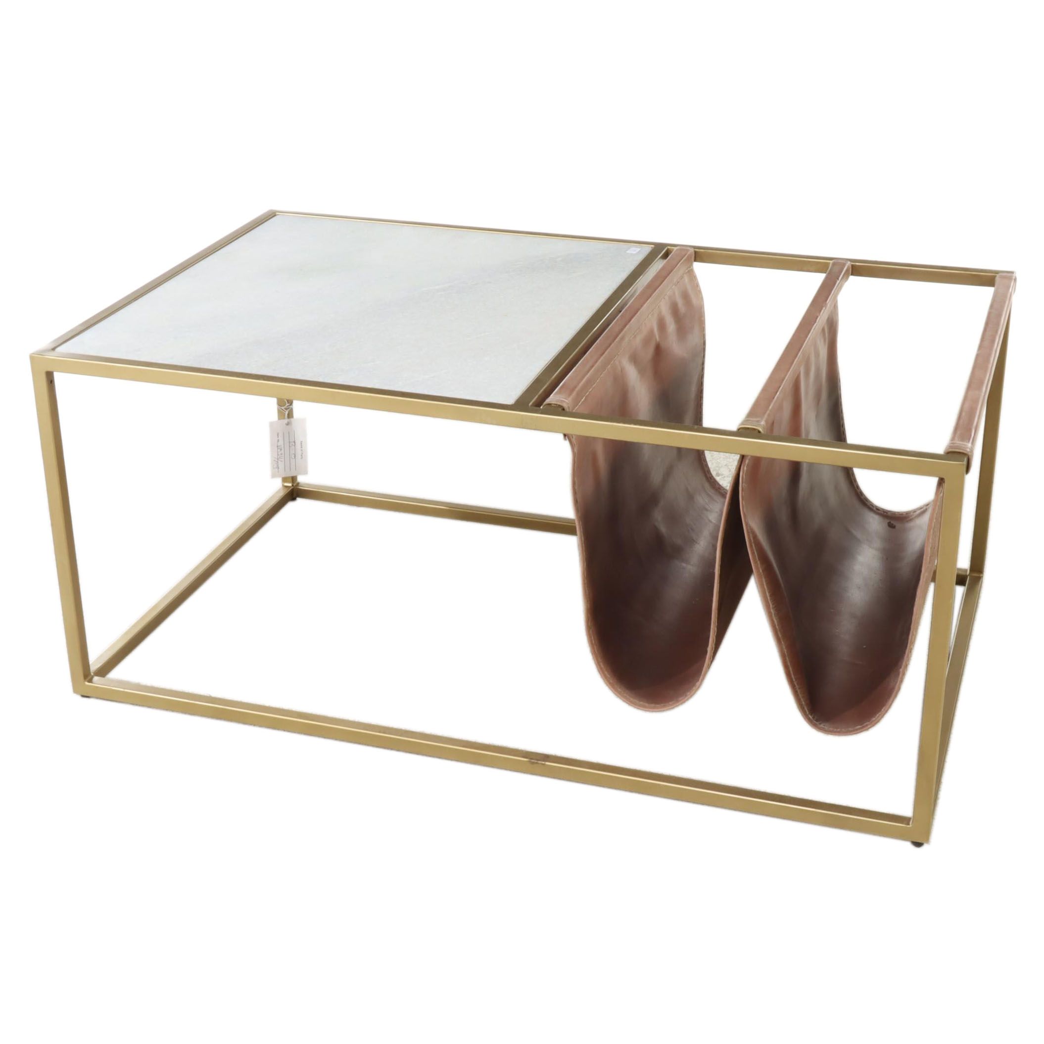 Contemporary Marble, Gold-Painted Metal and Leather Magazine Rack Side Table