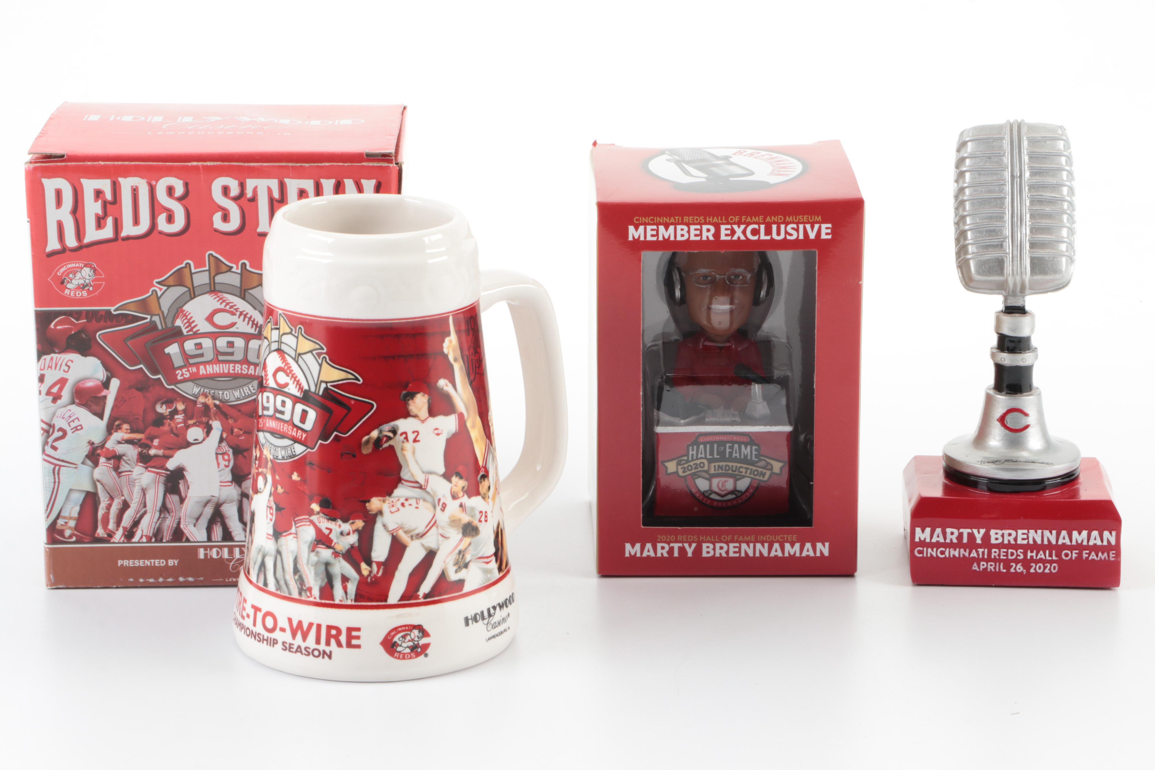 Marty Brennaman Signed Giclée with 1990 Cincinnati Reds Stein and More