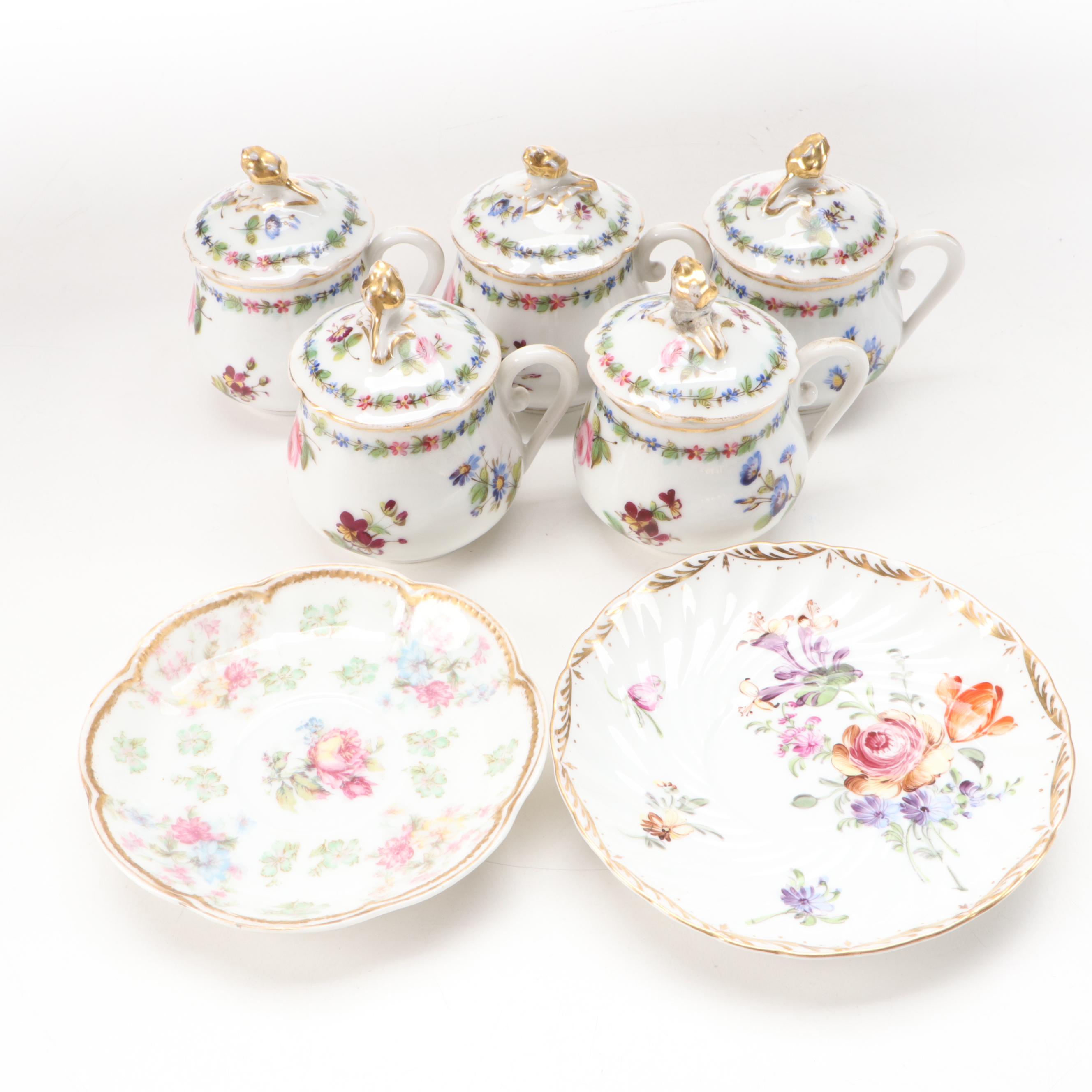 Samson Porcelain Teacups with Dresden Style Pot de Cremes and Other Tableware